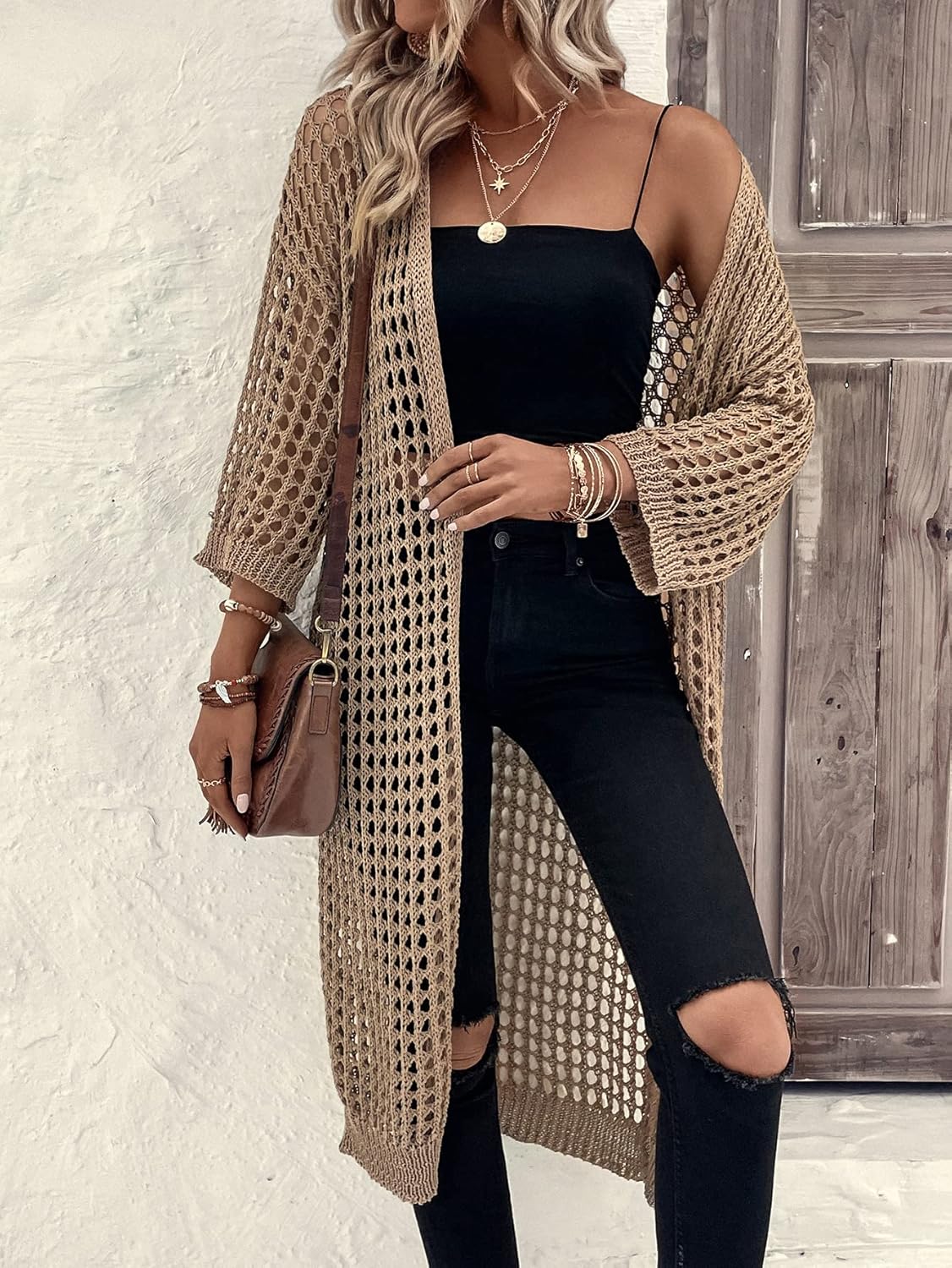 Verdusa Women's 3/4 Sleeve Long Cardigan Lightweight Hollow Out Crochet Knit Open Front Kimono Spring Outfits - Image 5