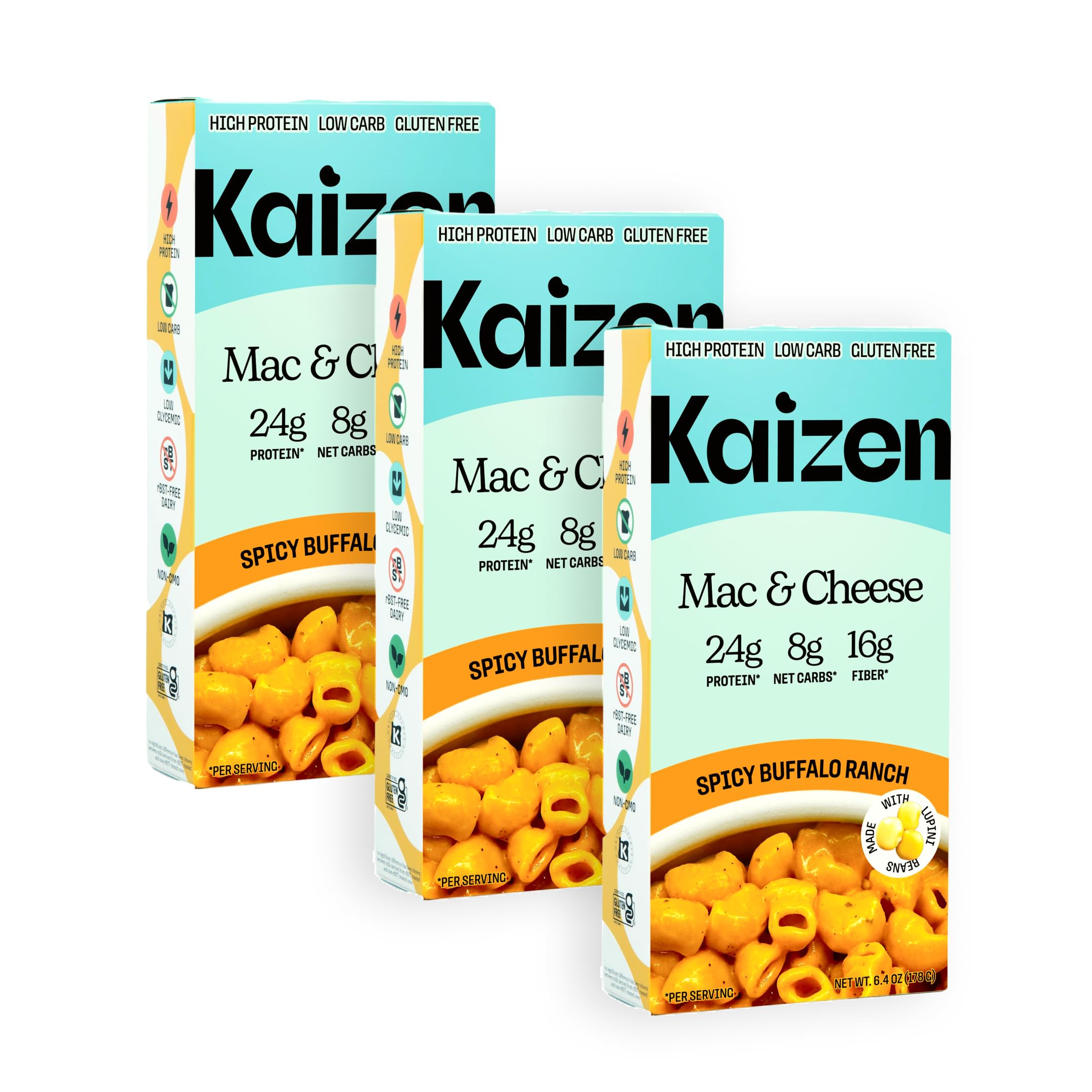 Kaizen High Protein Spicy Buffalo Ranch Mac & Cheese - Low Carb, Keto Friendly, High Fiber, Gluten-Free, Plant-Based, Non-GMO - 6.4 Ounces (Pack of 3)