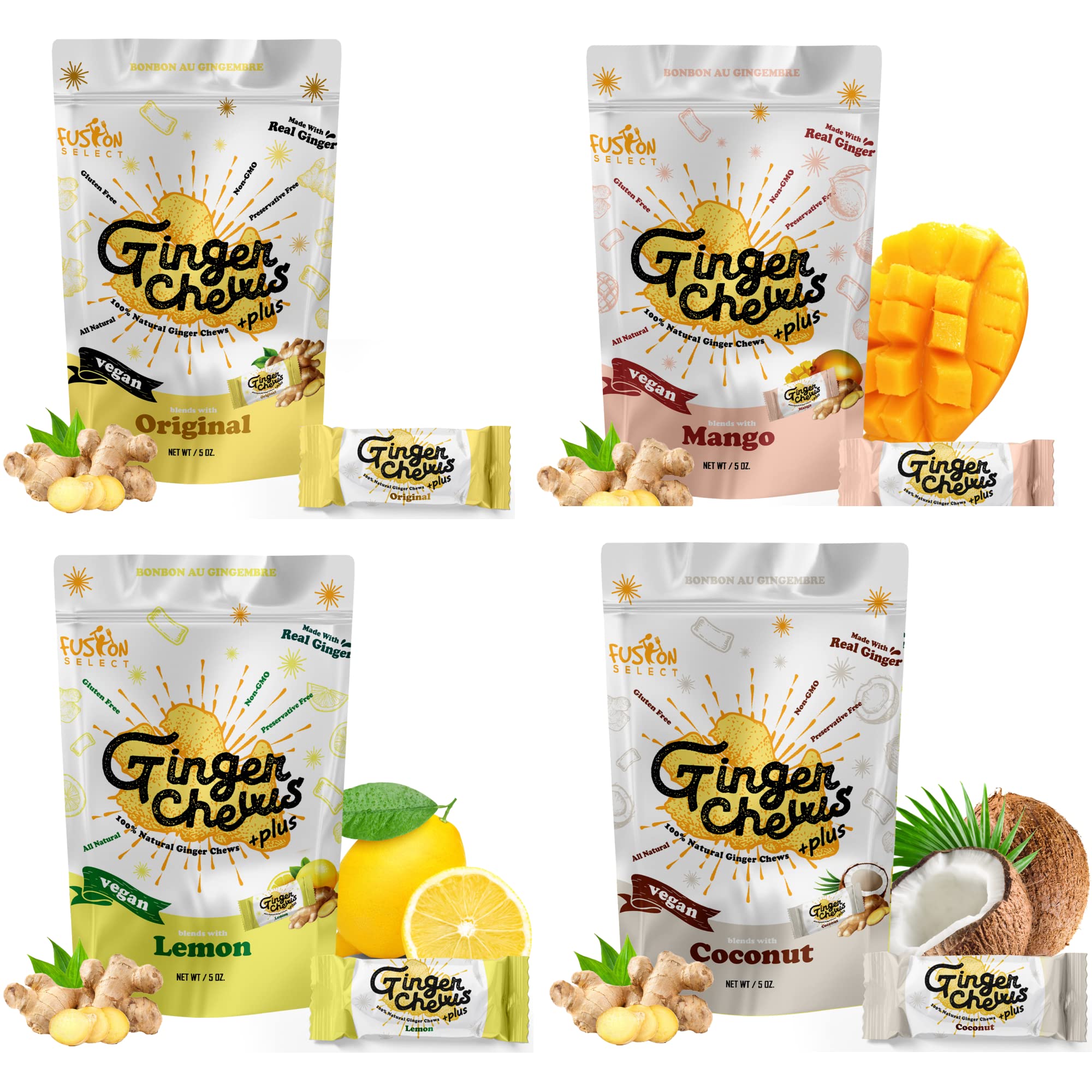 Fusion Select Ginger Chews - Sweet Soft Candied Delights From Indonesia - Promotes Relief From Morning Sickness, Upset Stomach - Made from Real Ginger Root, Non-GMO, Vegan Candy (4 Variety Flavors)