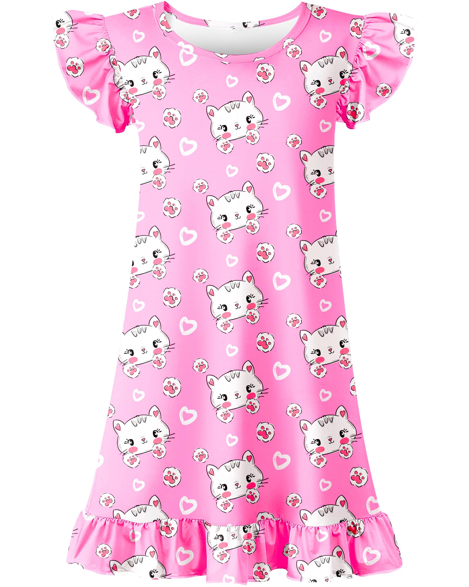 Nidoul Camisones para Niñas, Lindos Pijamas, Vestidos de Noche, Ropa de Dormir para Niñas de 3 a 9 Años, Gato Rosa Lindo, 6-7 Años