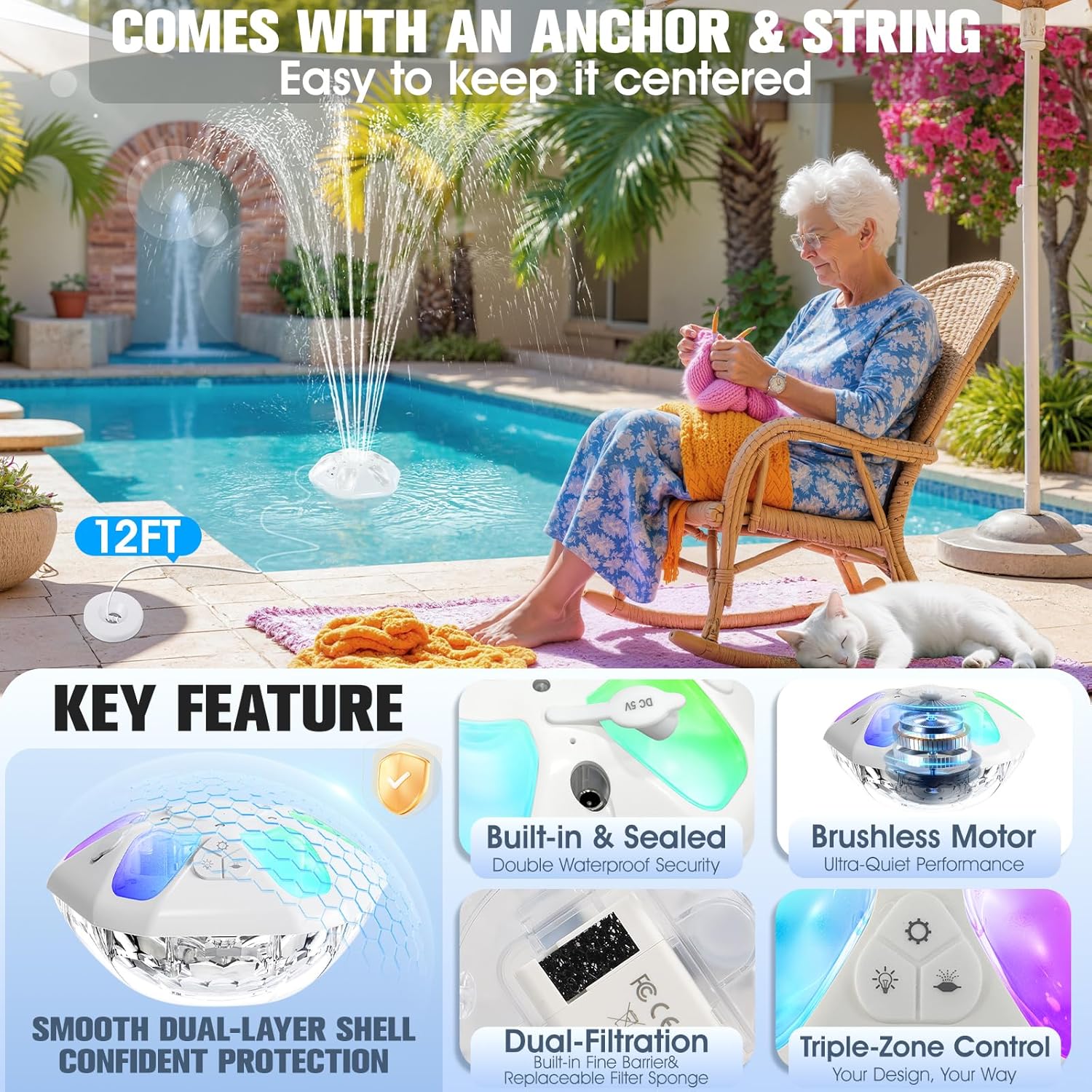 ChlorStar Upgraded Pool Fountain,9000mah Rechargeable Floating Pool Fountain with Light Show,Above Ground Pools Water Fountains Pump with Anchor,Swimming Inground Pools Fountains for Pond-1PC (White)