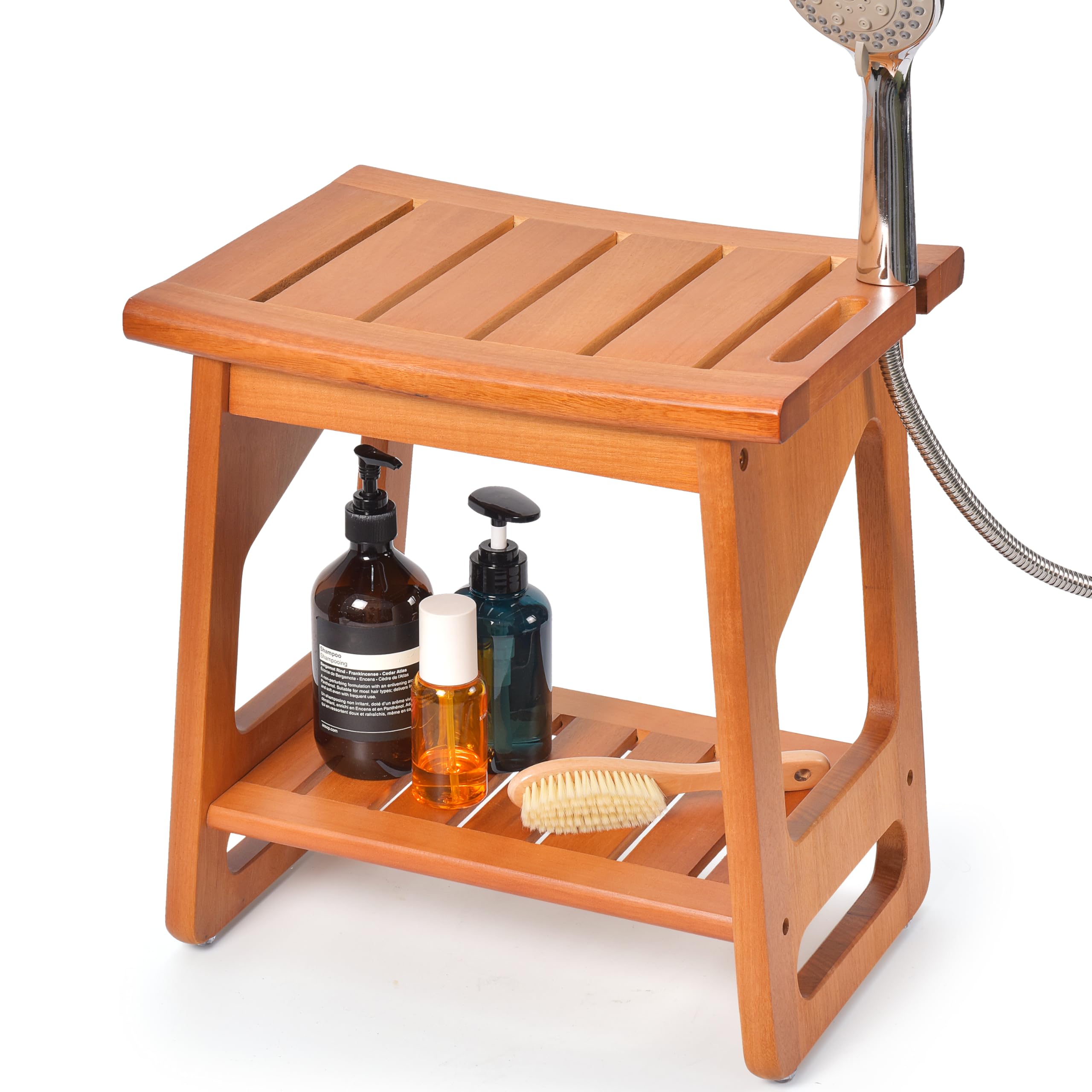LyriFine Teak Shower Bench, 15.7 inch Waterproof Shower Stool for Inside of Shower, Bathroom Shower Chair with Shower Head Holder, Non-Slip Feet, 300lbs Capacity Wood Bench for Bathroom Indoor Outdoor