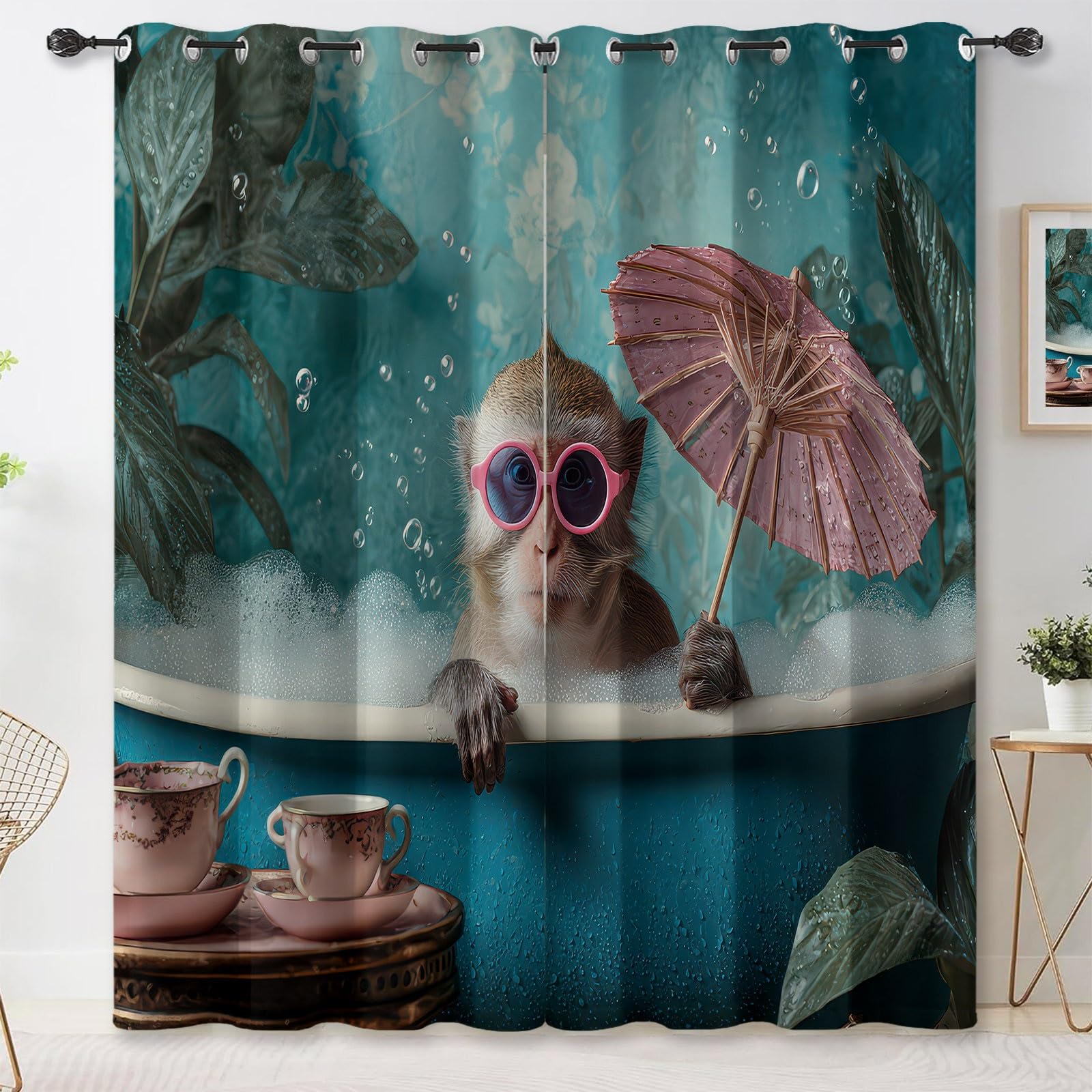 Generisch Gardinen Vorhänge Blickdicht Grün - Hochwertiger Badewanne mit Cartoon-Affen Print H200 x B70 cm (2er Pack) Schalvorhänge mit Stangentasche für gehobenes Wohnambiente