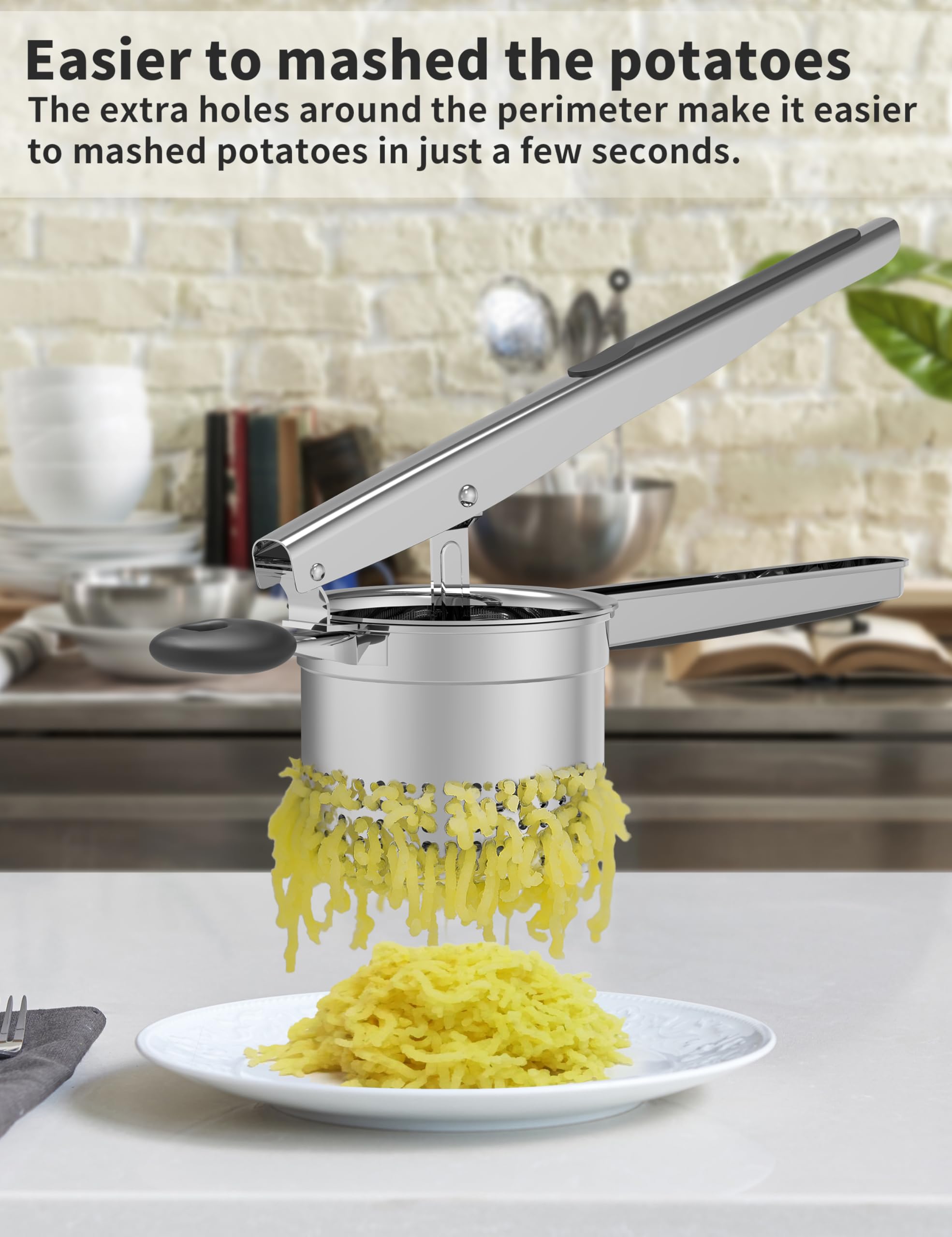 GloTika Prensador de patatas grande de 15 onzas, acero inoxidable resistente para puré de papas, triturador de batatas, herramienta de cocina con mango ergonómico, prensa y puré, color negro