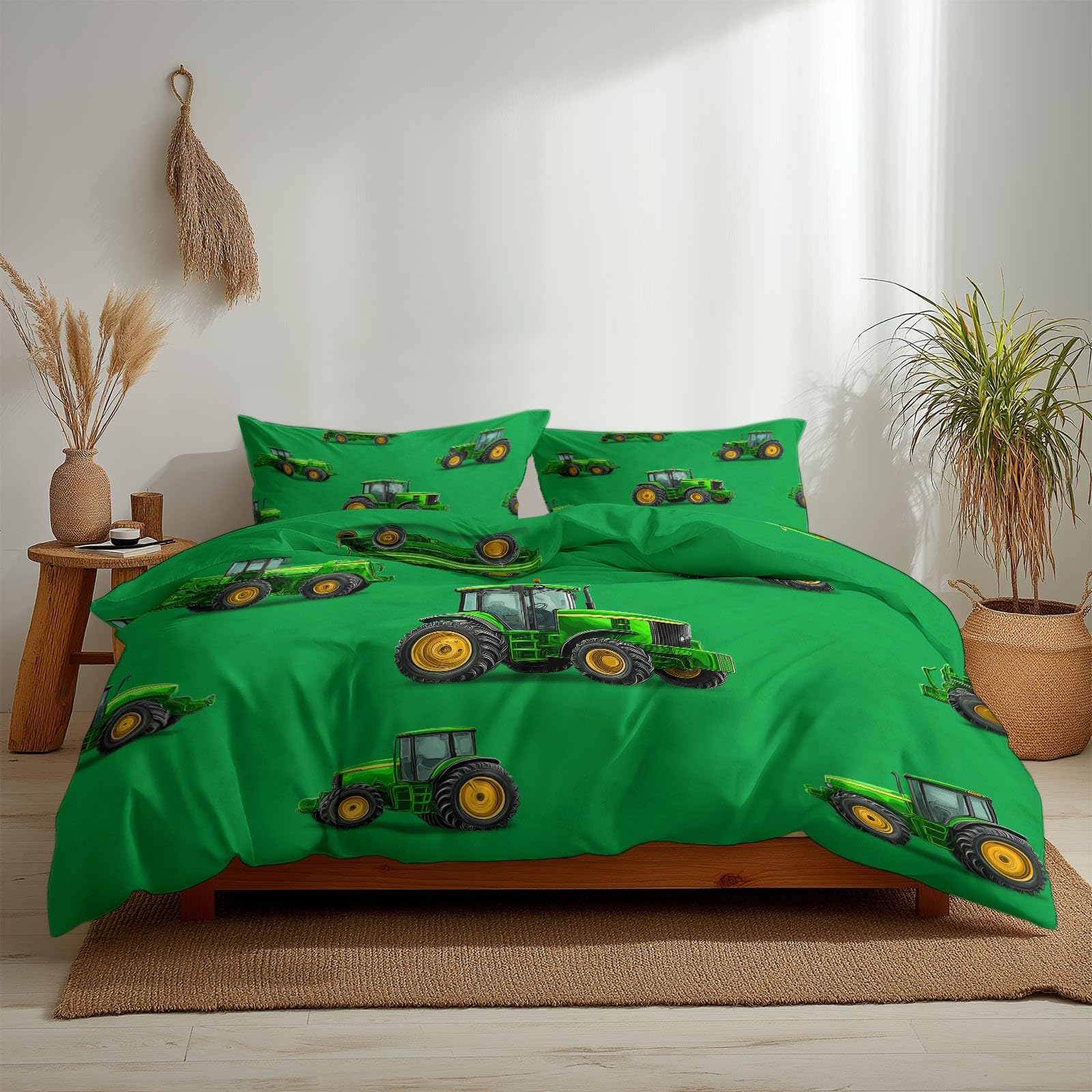 Juego de Funda Nórdica 3 Piezas para Cama 105 - Funda Edredón Reversible 180x220 cm Casa De Campo Tractor, Ropa de Cama Verde para Cama Individual y Matrimonio