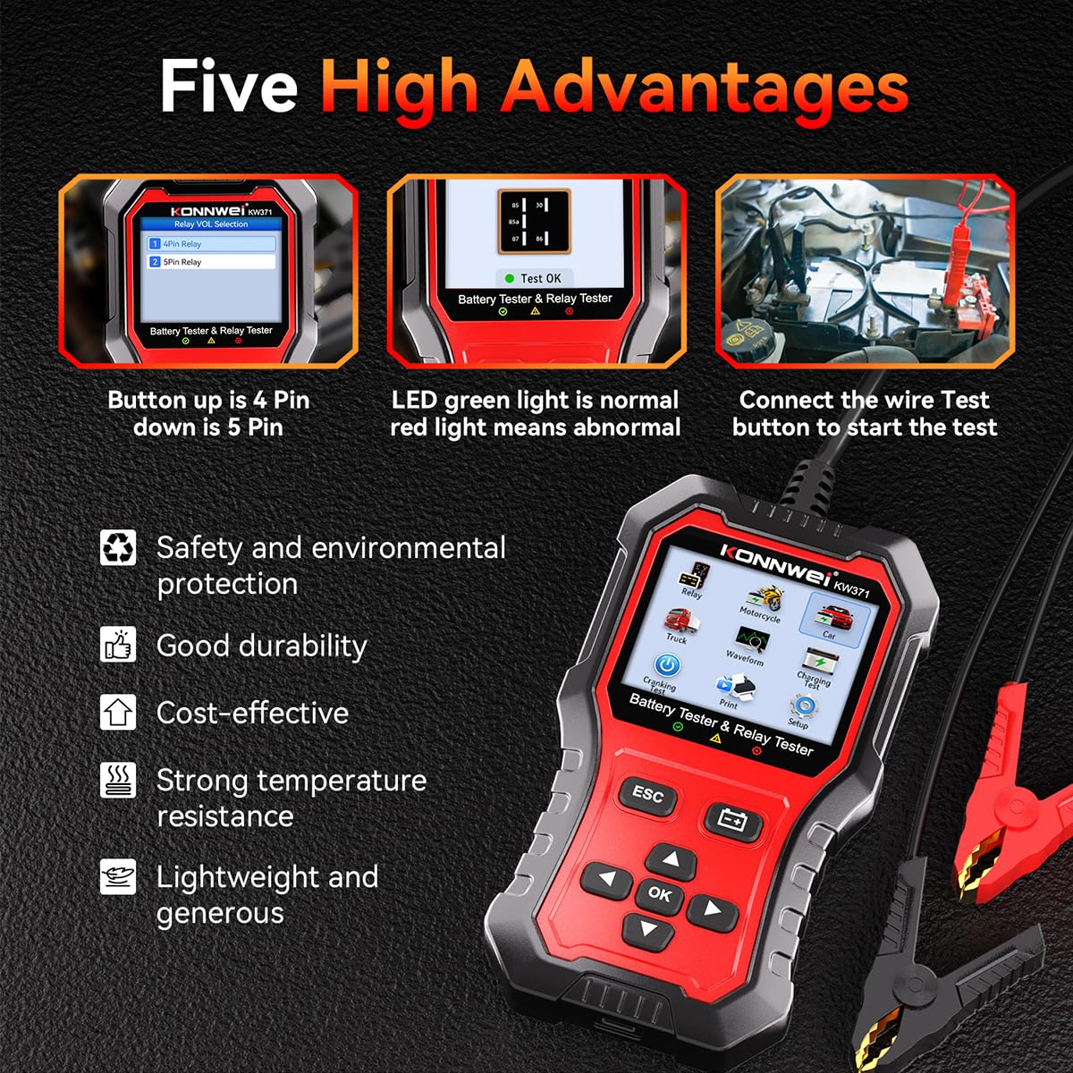 KONNWEI KW371 Autobatterie Tester 6V 12V 24V, Batterieprüfer 100-3000 CCA für AGM EFB GEL Lithium Batterien, KFZ Batterietester mit Anlasser- & Ladesystemtest, Cloud-Bericht für PKW LKW Motorrad