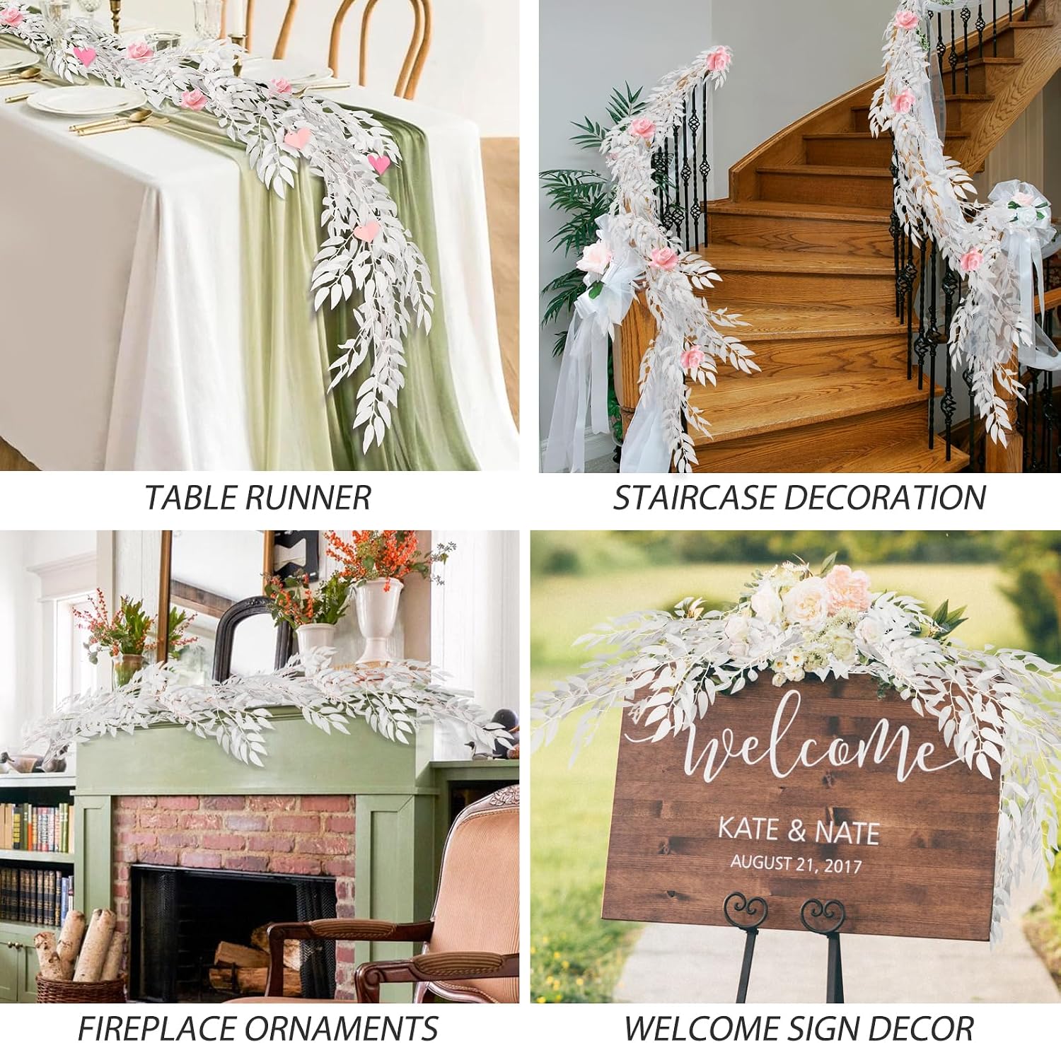 RECUTMS Artificial White Willow Leaves Garland 6.5ft Silk Leaf Twig Vine | Fake Hanging Rattan, Greenery Wreath Decor for Home Mantel Staircase Wall, Wedding Arch, Halloween & Christmas Holiday Party
