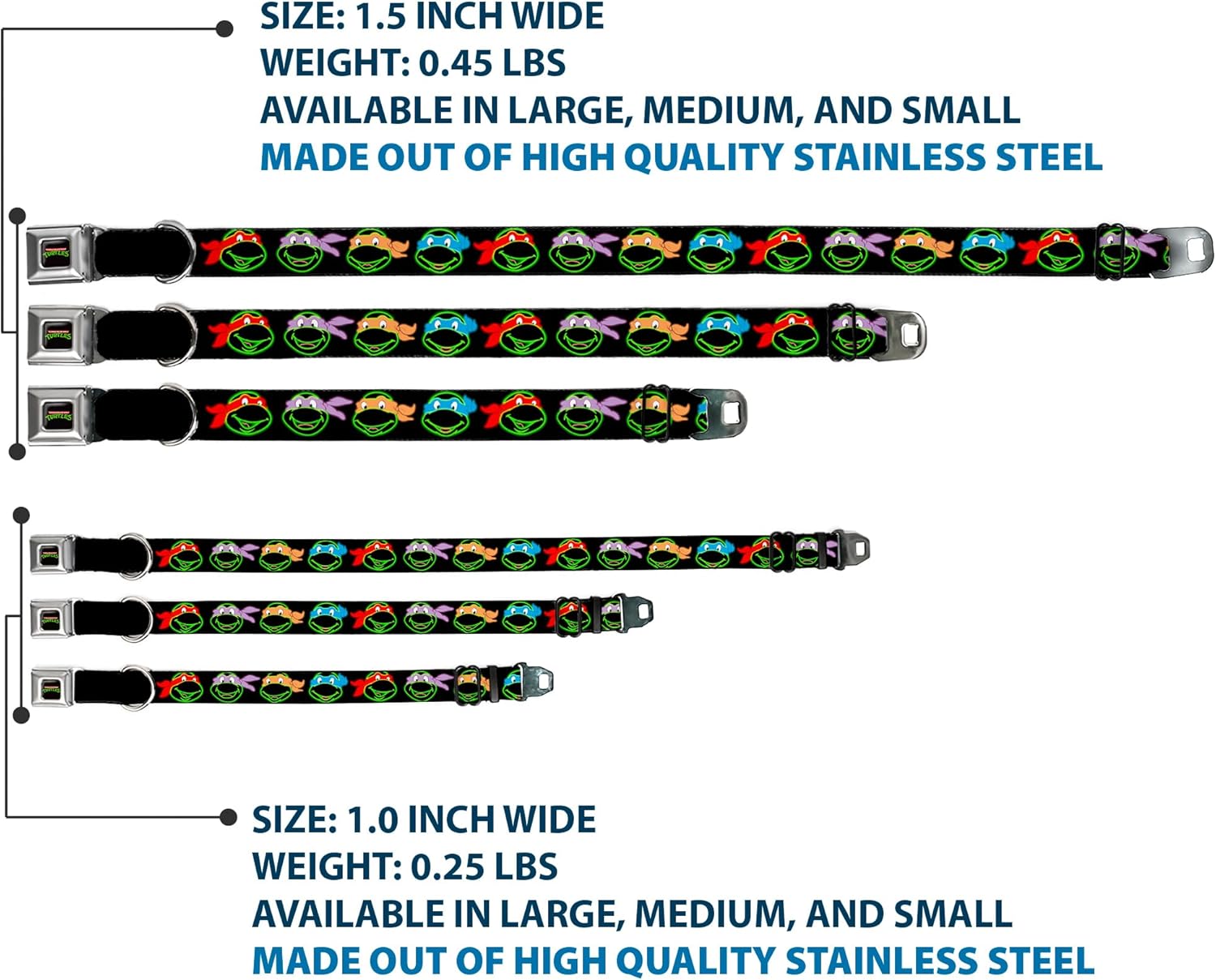 Buckle-Down Seatbelt Buckle Dog Collar - Classic TMNT Electric Expressions Black/Multi Neon - 1" Wide - Fits 11-17" Neck - Medium