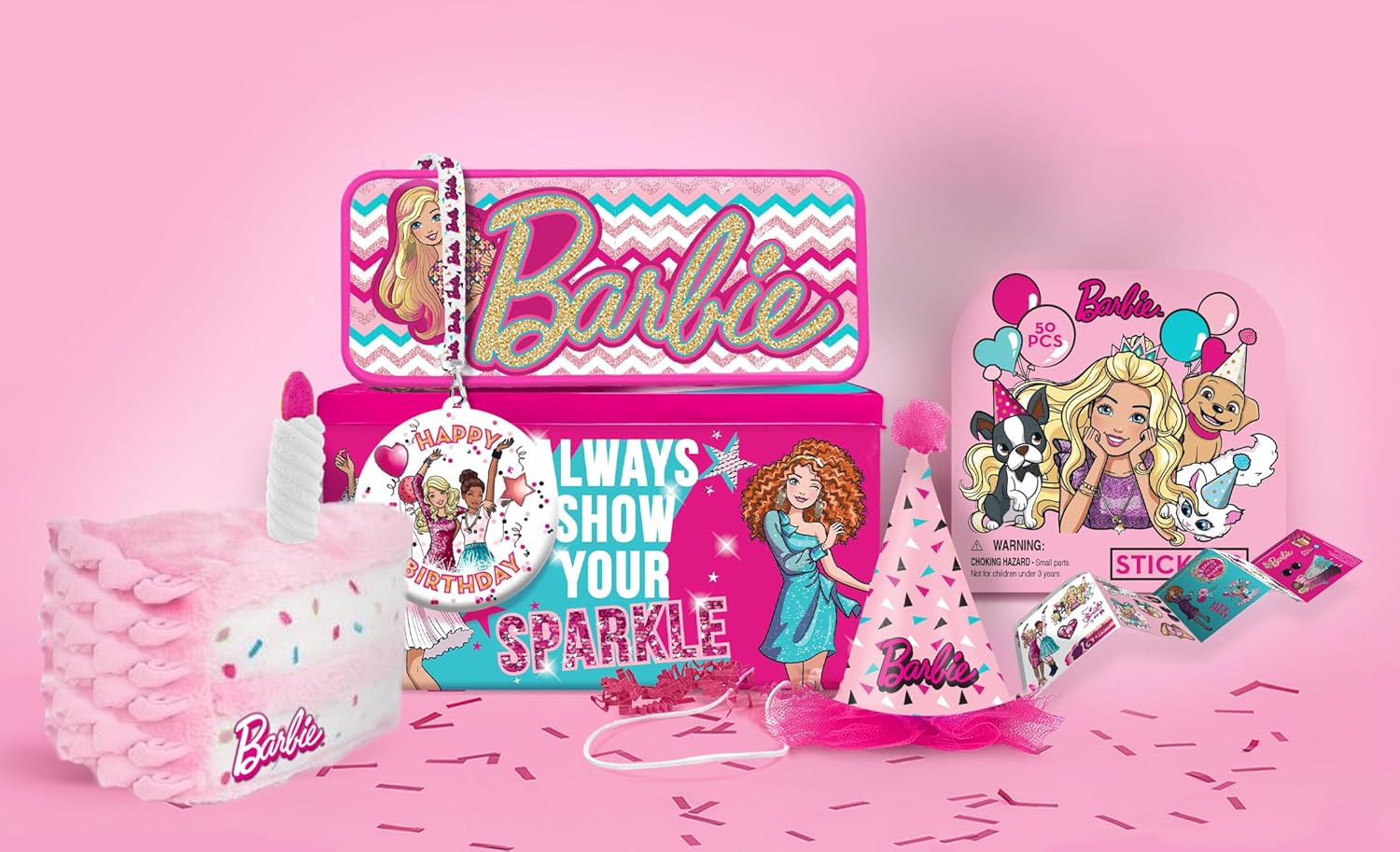 Megatoys Barbie Birthday Party Gift Set - Tin Box, Tin Pencil Case, Stickers, Birthday Necklace, Plush, and Birthday Hat