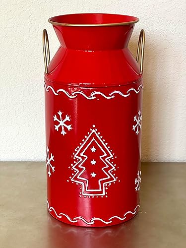 Miniatura 3 de Jarrón alto decorativo de Navidad con tema de invierno, metal, rojo y blanco, pinos y copos de nieve, decoración moderna de casa de campo, negocios,