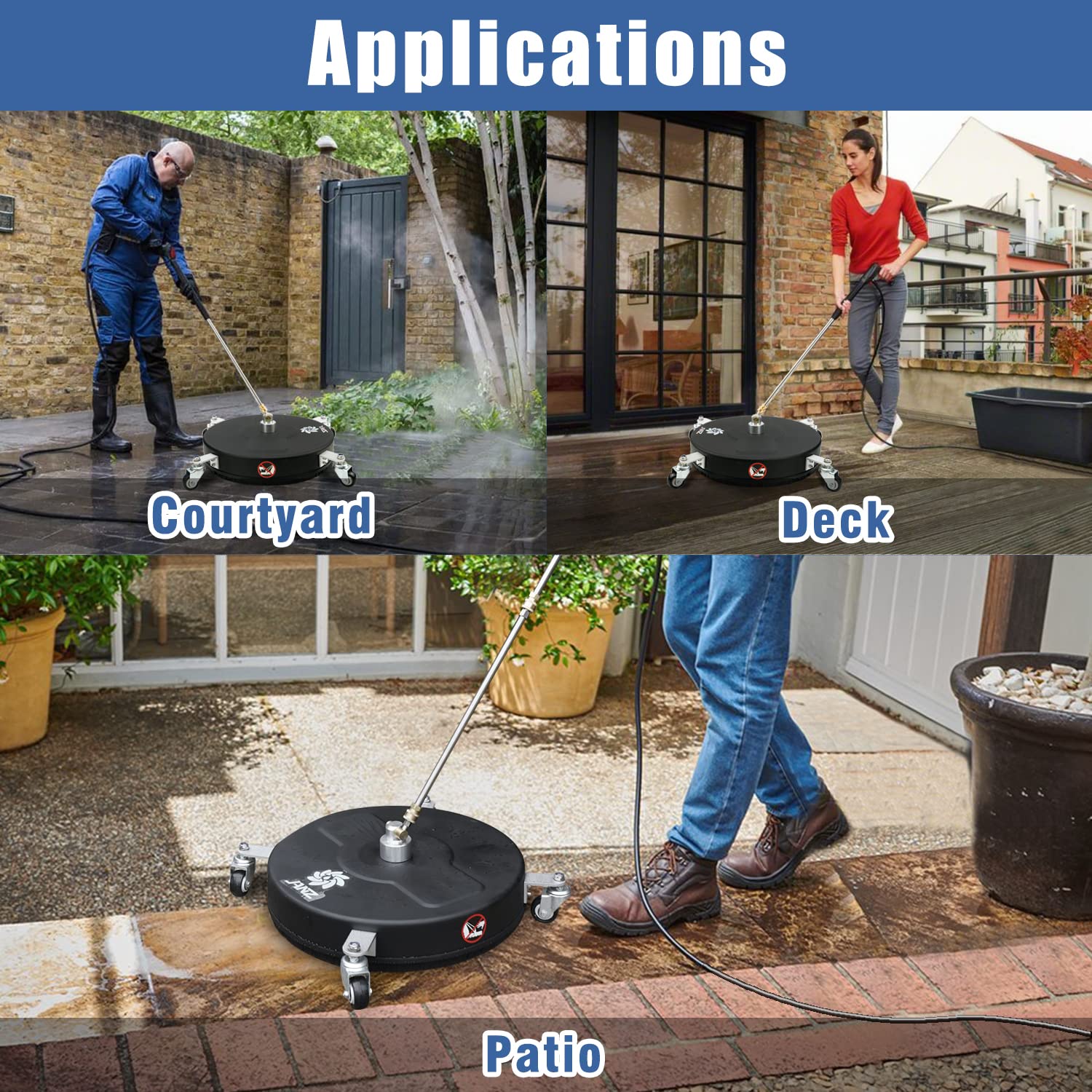 janz 18" Pressure Washer Surface Cleaner with 4 Wheels, Hard Composite Construction, 1/4" Quick Plug, 2 Extension Wands, 2 Replacement Nozzles, 3 Spray Nozzles, 4000 PSI