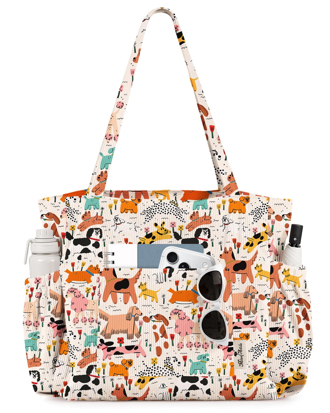Miss Adola Corduroy Cute Tote Bag for Women - Large Capacity Multi-Pocket Shoulder Bag with Zipper for Work, Travel, and Shopping, Crayon Dog