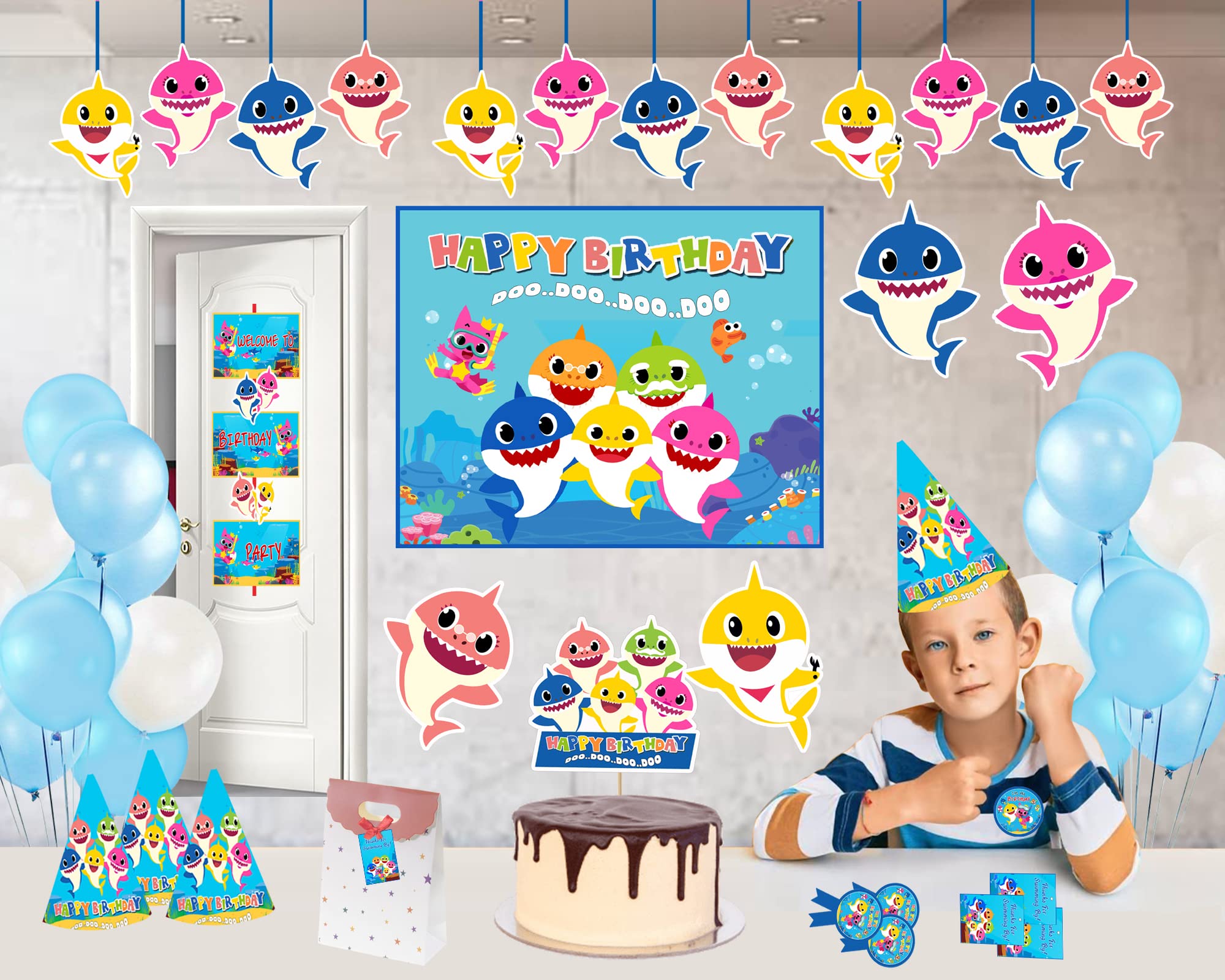 WoW Party Studio Baby Shark Theme Birthday Party Decoration Supplies - Combo Kit #1 (100 Pcs)