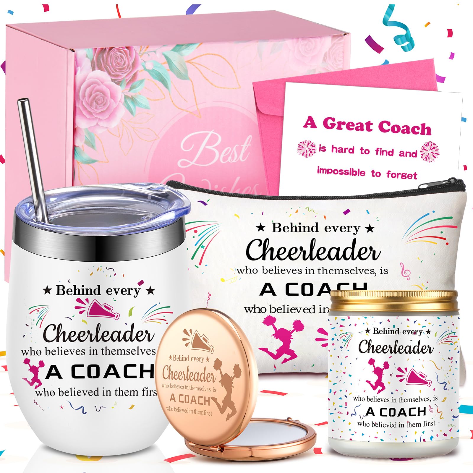 7 Pcs Cheer Coach Gifts for Women Cheerleader Gifts Include Cheer Tumbler Cup, Makeup Bag, Compact Mirror, Candle Cheerleader Card for Coach Birthday(Rose Red)