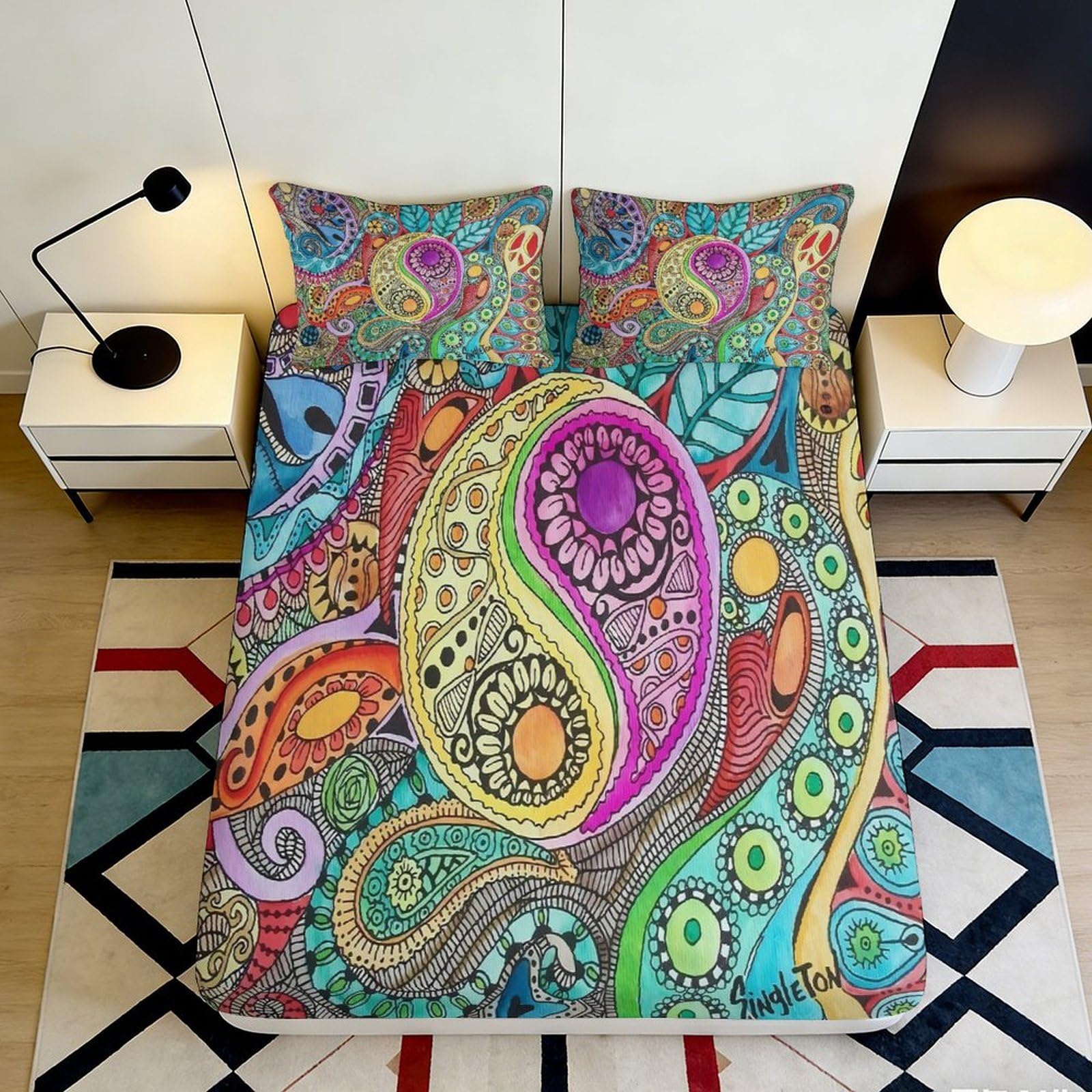 Pnayamiorkfel Style-2 3D Printed Psychedelic Art Fitted Sheet Microfiber Colourful Mandala Mattress Cover For Bedroom Guestroom Decor 90X200x25cm