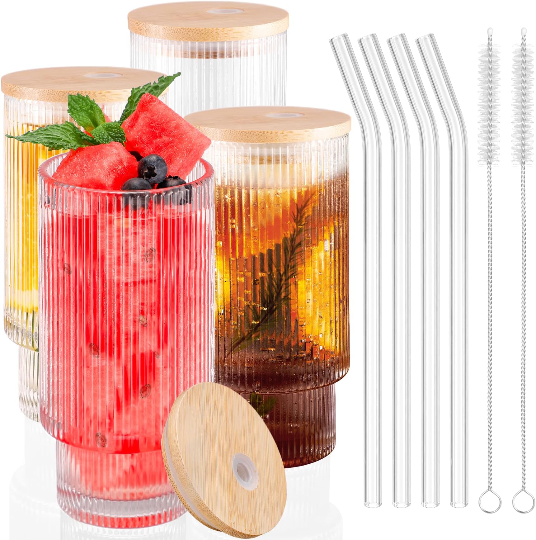 DoceMora Ribbed Glass cups with Bamboo Lids and Glass