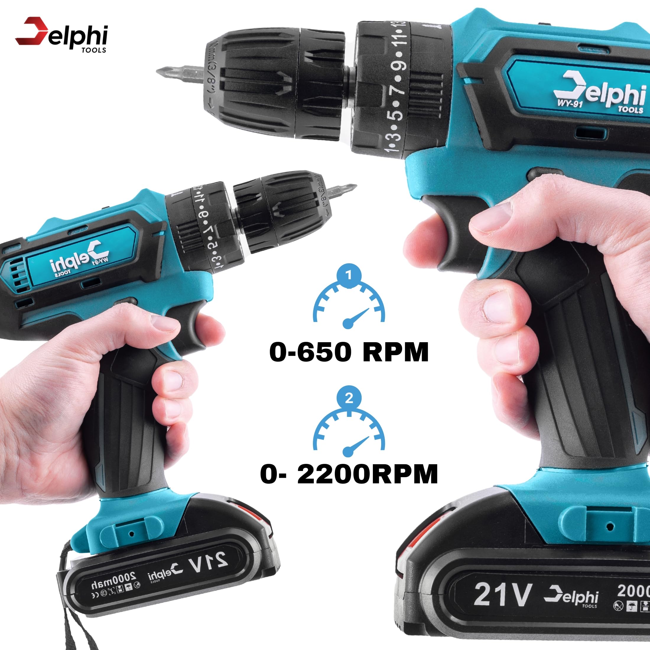 Delphi Atornillador inalámbrico de 21 V 2 baterías 2 Ah 50 Nm 2 marchas 25 niveles de par de torsión, luz LED maletín taladro inalámbrico ideal para proyectos de bricolaje