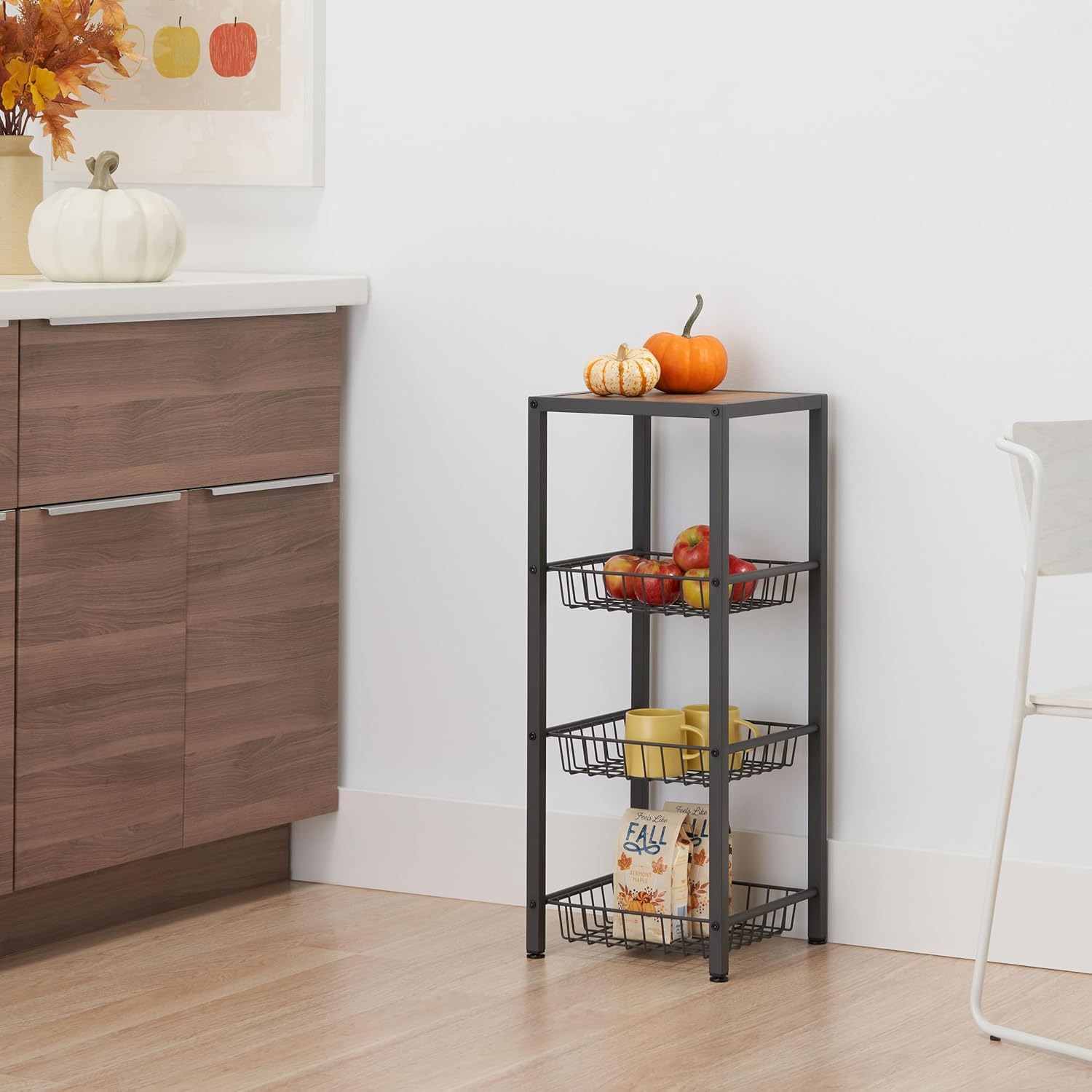 TRINITY 4-Tier Freestanding Metal Shelving Rack with Wire Baskets, Wood Top, and Adjustable Feet, 12"x12"x30", Dark Gray + Oak Brown Top