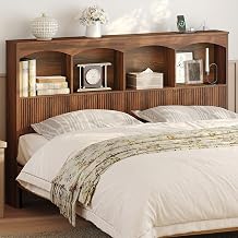 Queen Size Headboard with 4 Arched Storage, Power Outlet, USB Ports, Modern Farmhouse Headboard Only for Queen Size Bed, Anti-Tip Kit, Bed Frame Adapters, Walnut