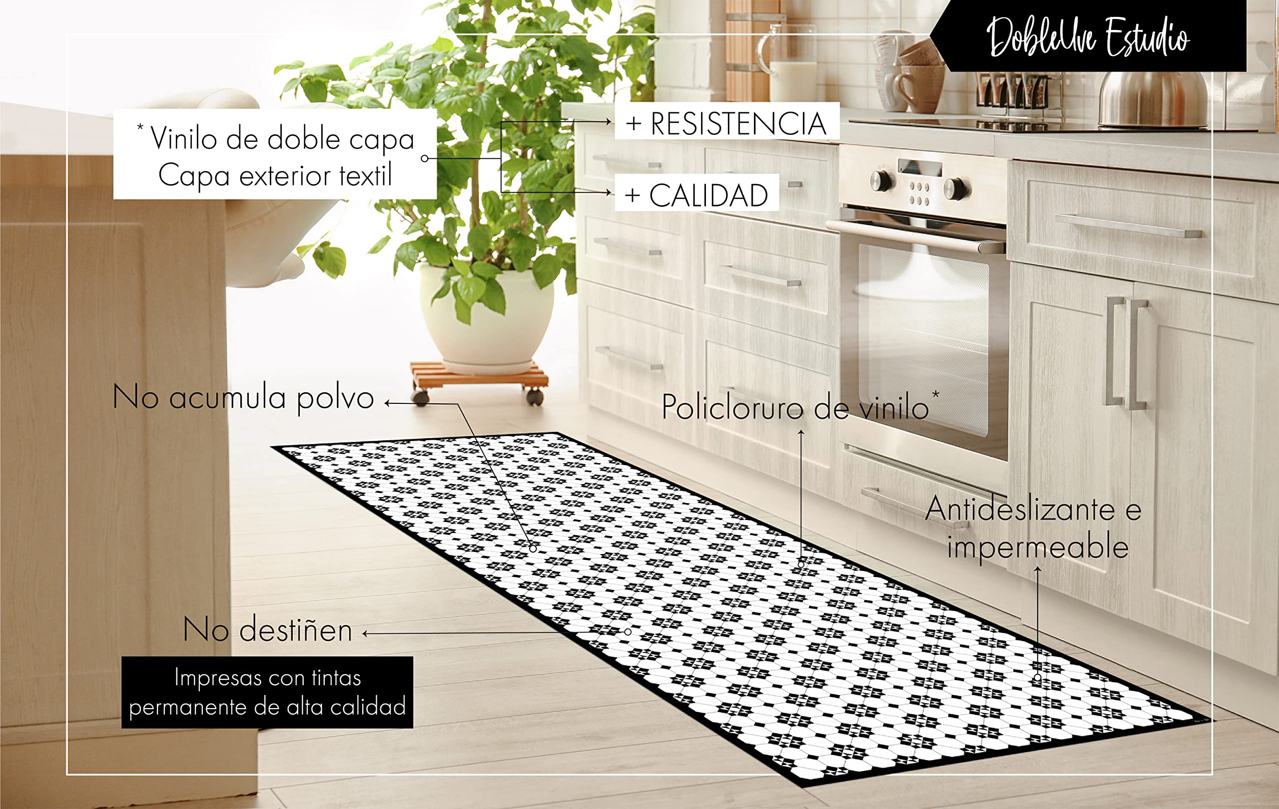 DobleUve Estudio Tapis Vinyle 34 | Noire | 65x300 cm | Tapis Cuisine et Salon Antidérapant Antifongique Ignifuge | Tapis Enfants et Bain PVC