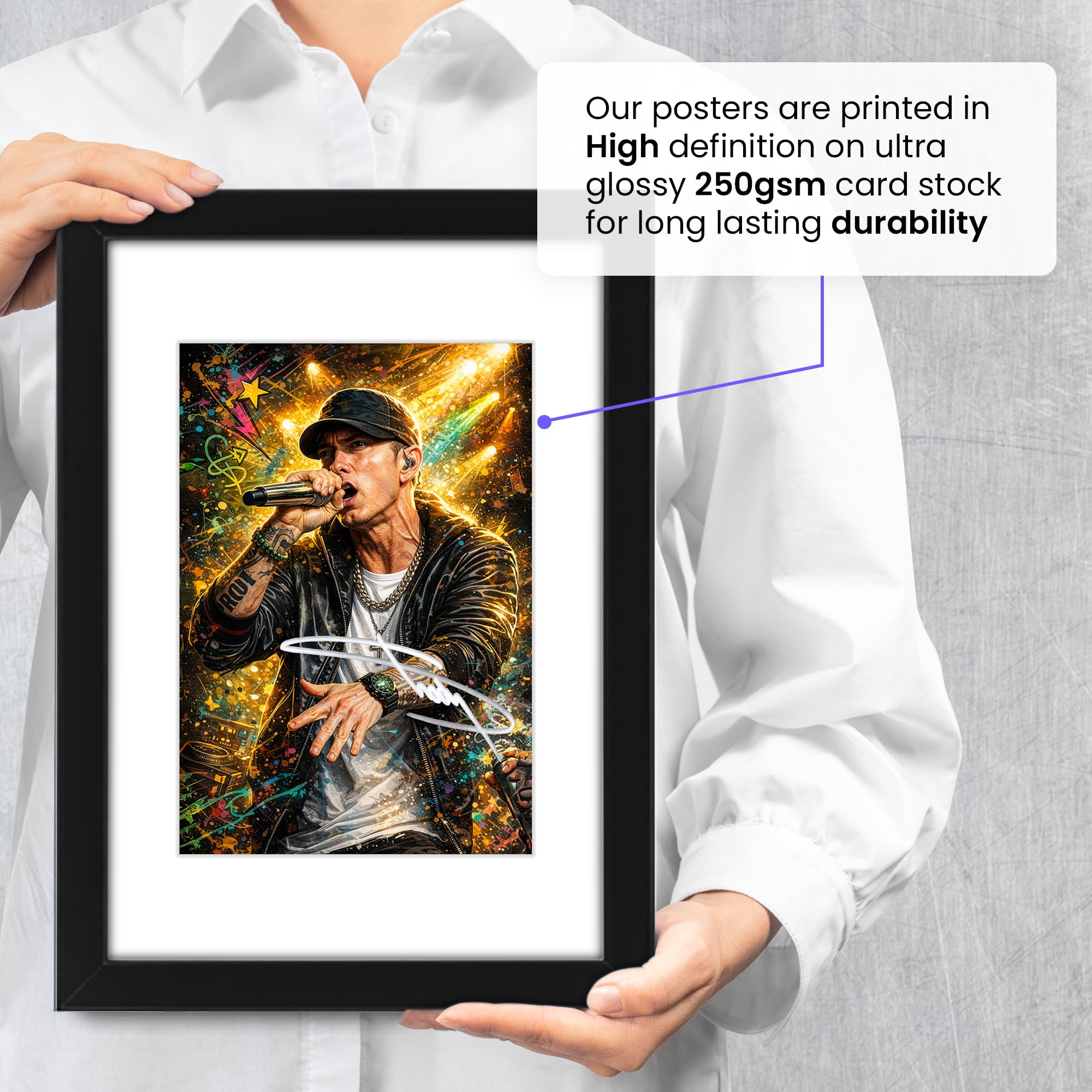 AllStarMedia Poster con stampa autografata di Eminem, in stile artistico, edizione limitata, idea regalo per i fan, ricordo da collezione, Marshall Mathers (A3 incorniciato con passepartout)