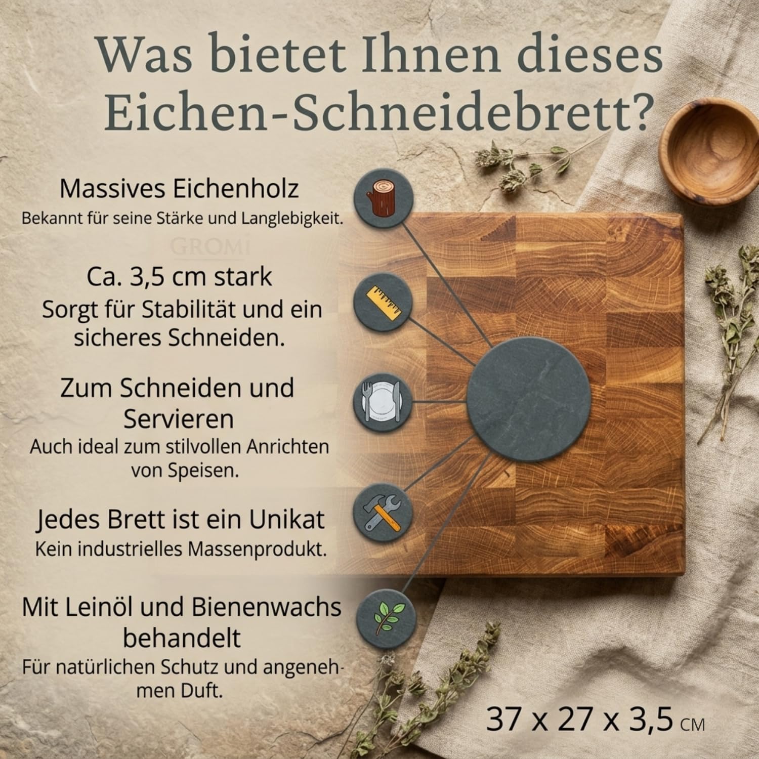 Drewniana deska do krojenia o grubości 3,5 cm, dąb premium, drewniana deska kuchenna, drewniana deska do krojenia z europejskiej manufaktury, bez plastiku, naturalny olej lniany i wosk pszczeli oraz