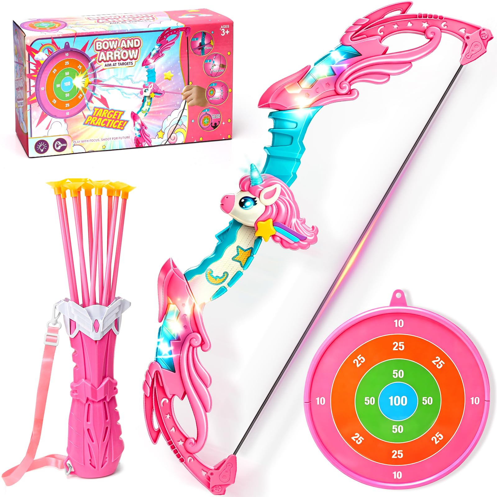 Unicorn Gifts for Girls 3 4 5 6 7 8 9 10 Year Old; Bow and Arrow Set for Girls Ages 3-12, Girls Toys with Glowing Lights, Princess Target & Quiver, 10 Pink Suction Arrows, Birthday Gifts (Unicorn)