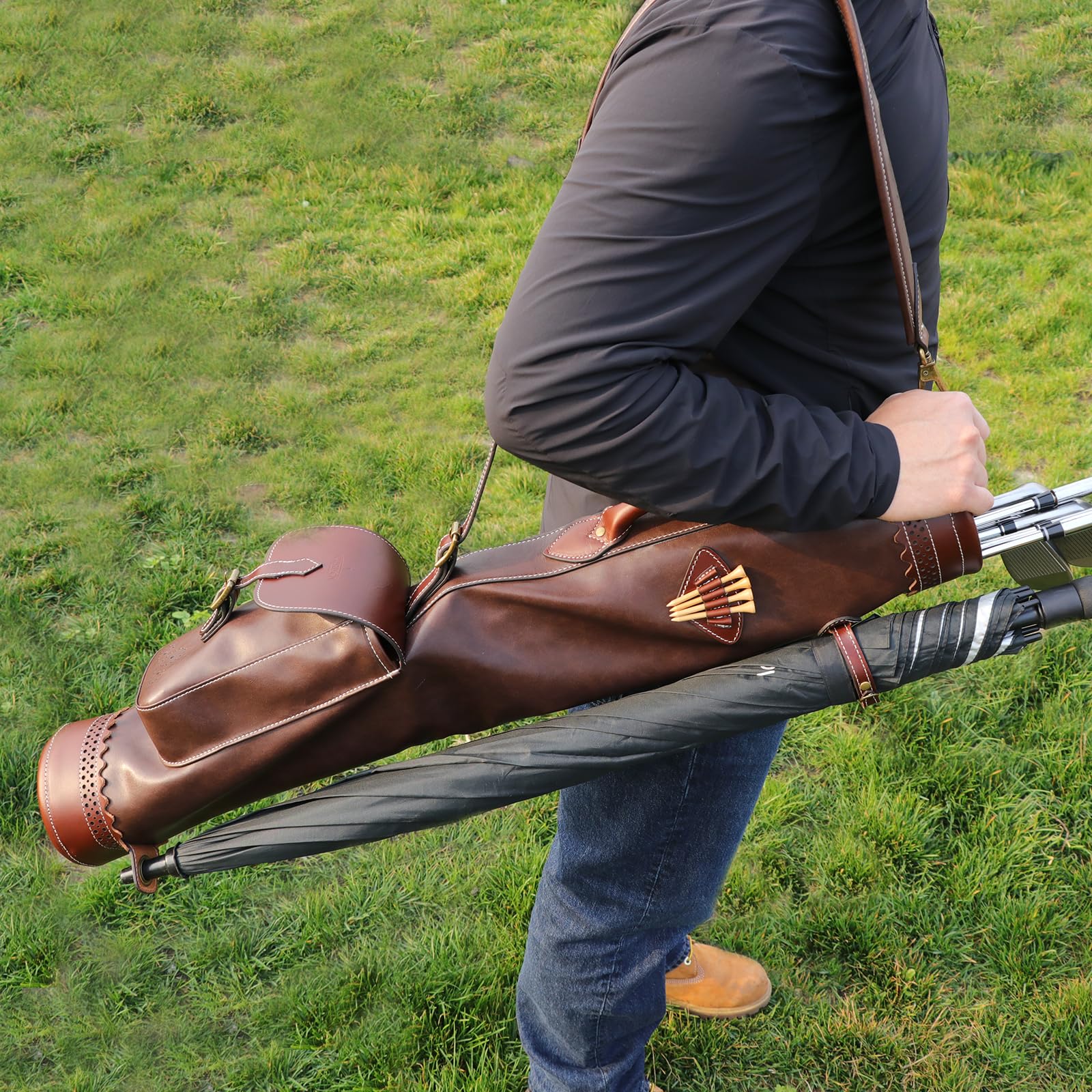 Tourbon Vintage Golf Sonntag Tragetasche mit Balltasche, tragbare Golfschläger-Reisetasche für Tauchbereich