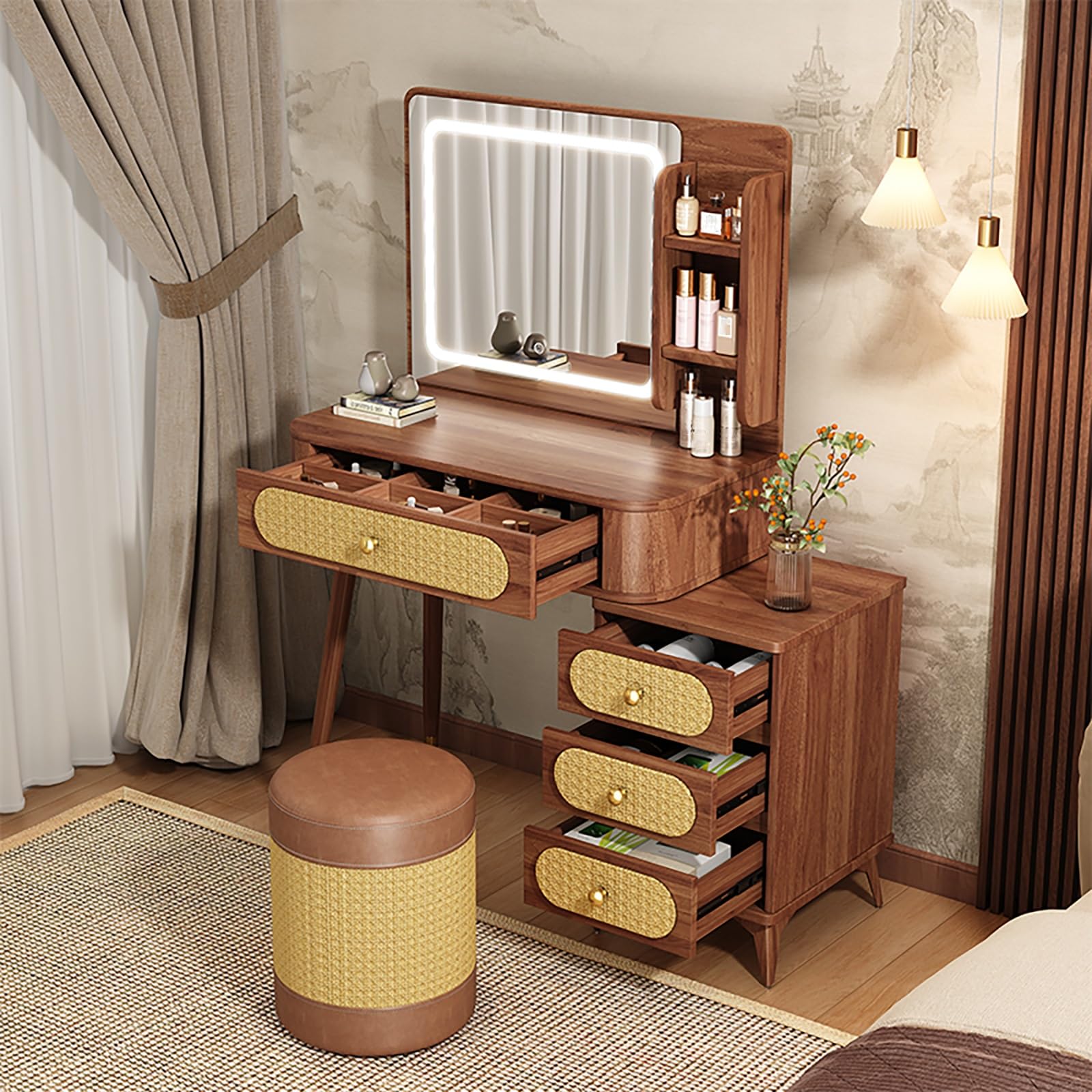 LLYLAFDC Dressing Table Set,with LED Lighted Mirror, Rattan Decorative Surface,Organiser Home Bedroom Furniture with Slide Bedside Table Bedroom Furniture Girls(23in/60cm)