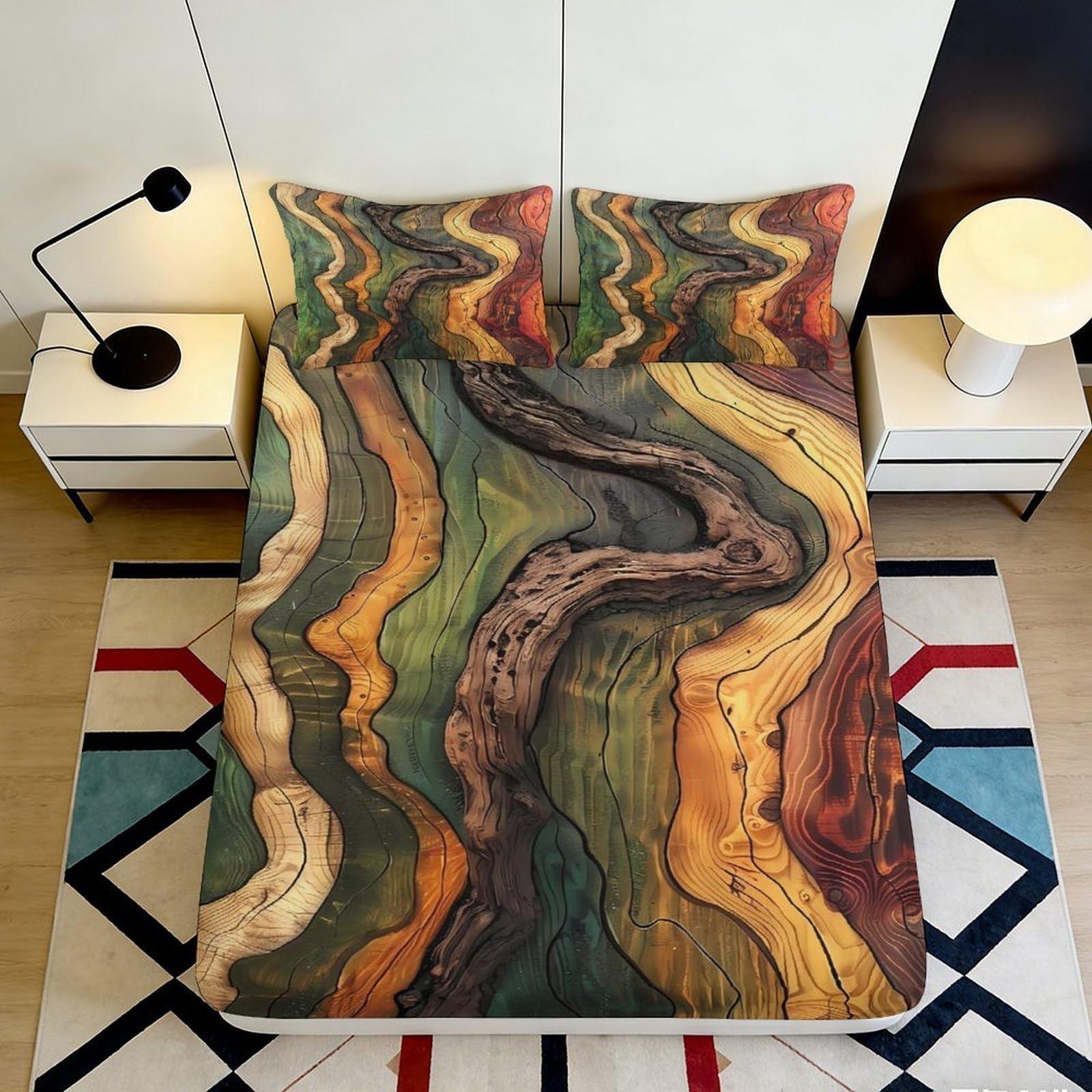 3D Printed Abstract Wood Grain Fitted Sheet Microfiber Soft Anti-Slip for Bedroom Guestroom Dorm Mattress Cover 90x200x25cm