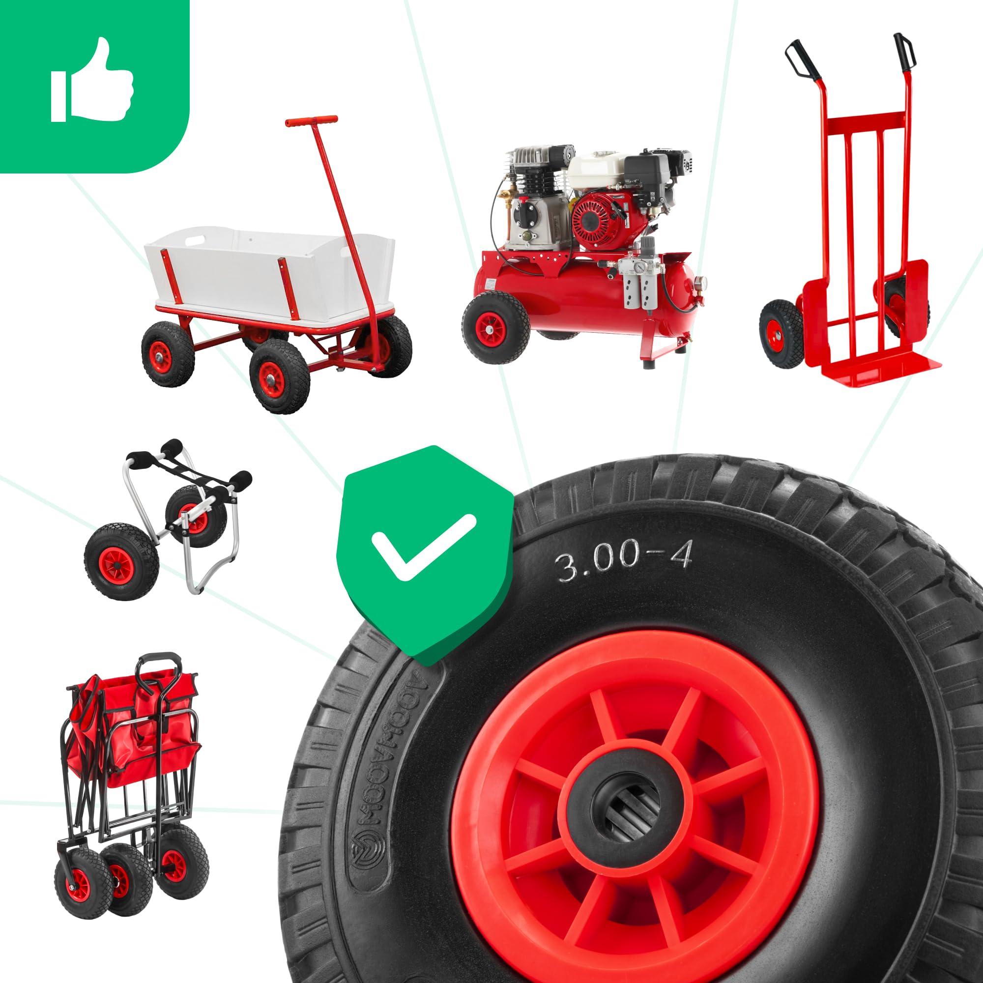 MOOVMOOV 2x Roues Diables Increvables 3.00-4 (260x85 mm) - Alésage 20mm - Pour Diable, Chariot et Autres. Pneu Plein avec jante PVC - Inclus Bagues de Serrage avec Clé Allen + Calottes Autobloquantes