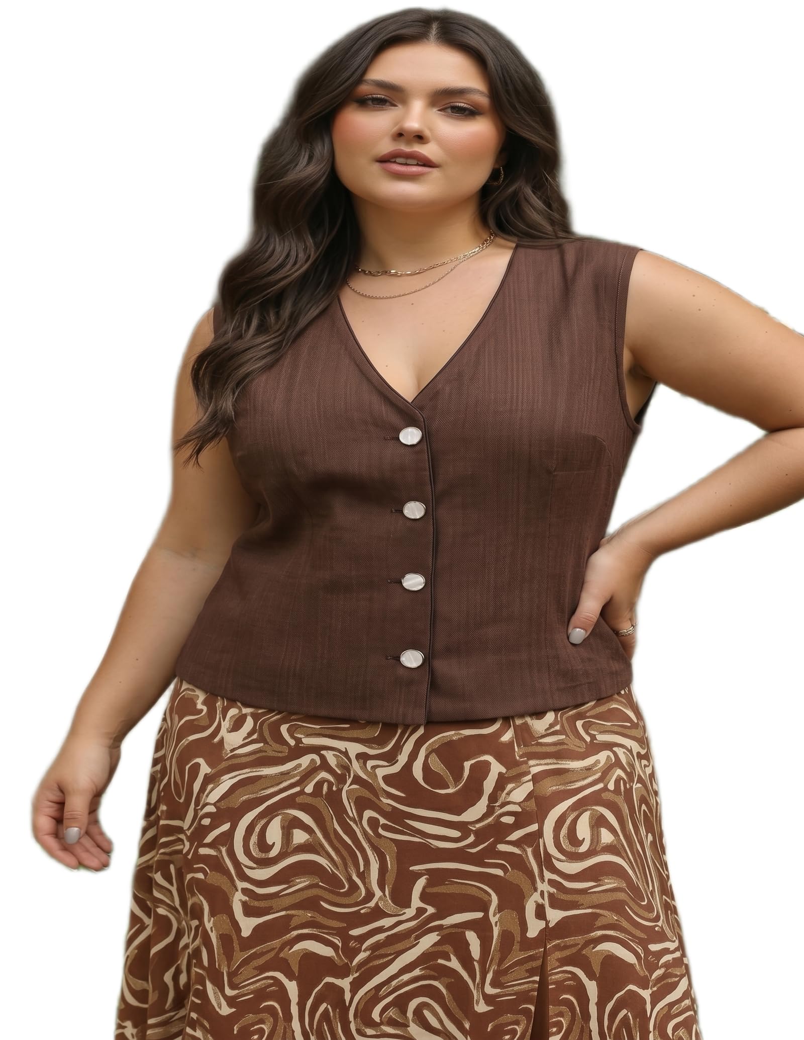 Women's Brown Sleeveless Vest Top, V-Neck Button-Down Waistcoat Style Top-image-33