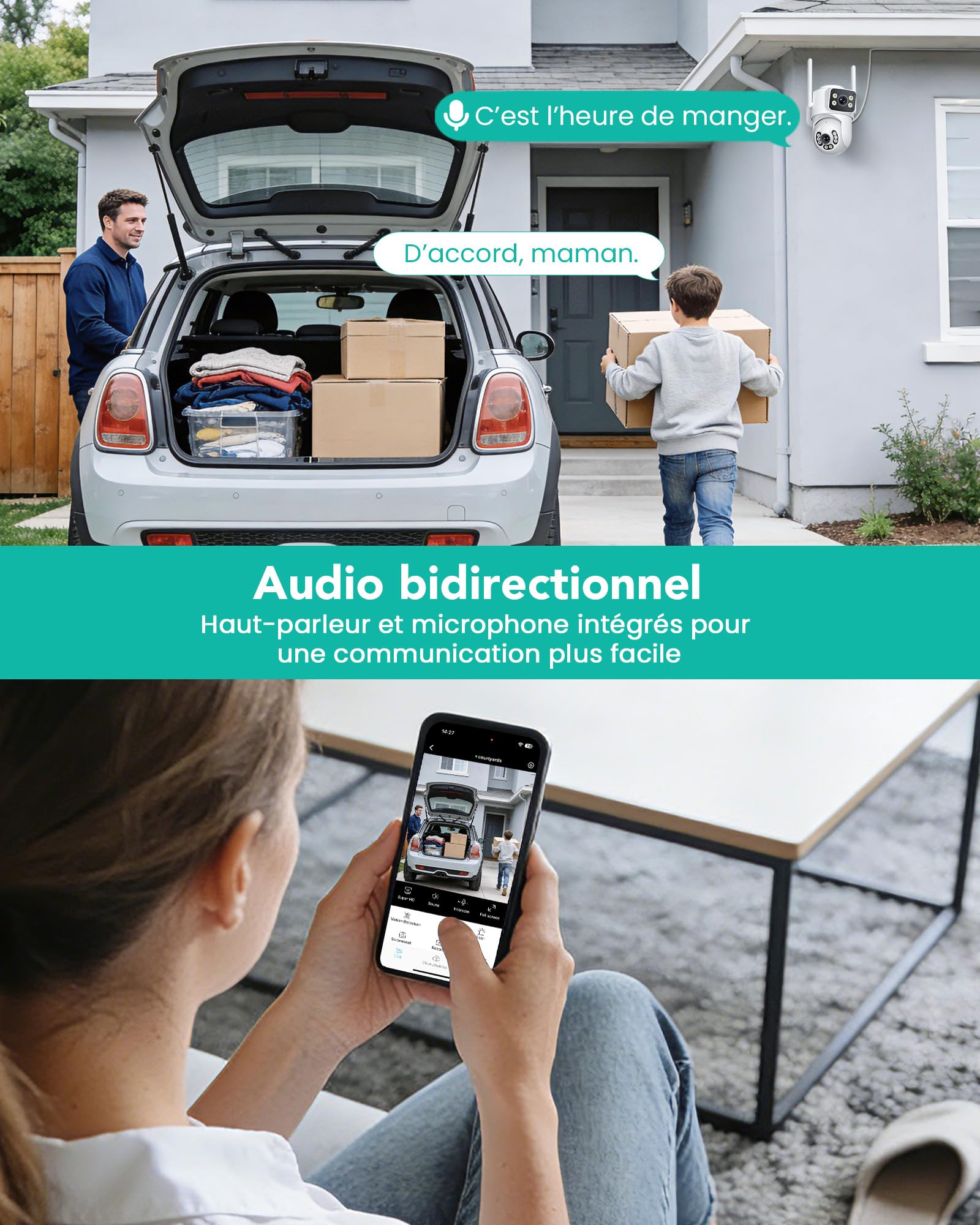 ANBIUX 2K Camera Exterieur | avec Double Objectif et 2.4/5G WIFI,2 Mètres Câble,Vision Nocturne Couleur,Détection Humaine, Audio Bidirectionnel,Étanche