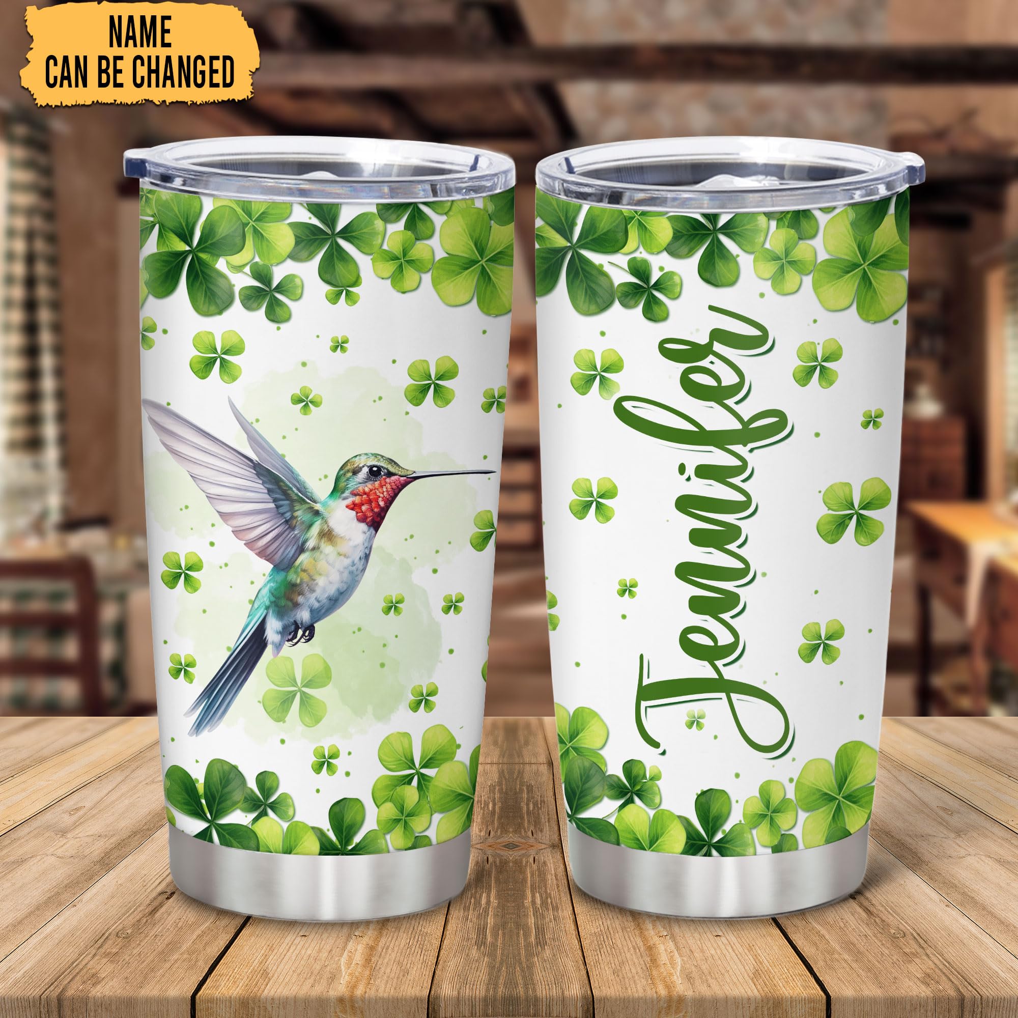 Hyturtle Personalized Gifts Hummingbird Lover - With Lucky Four Leaf Clover Custom Name Coffee Tumbler Cup Stainless Steel 20oz, Animal Lover Gifts For Women, Girl On Birthday, St Patricks Day