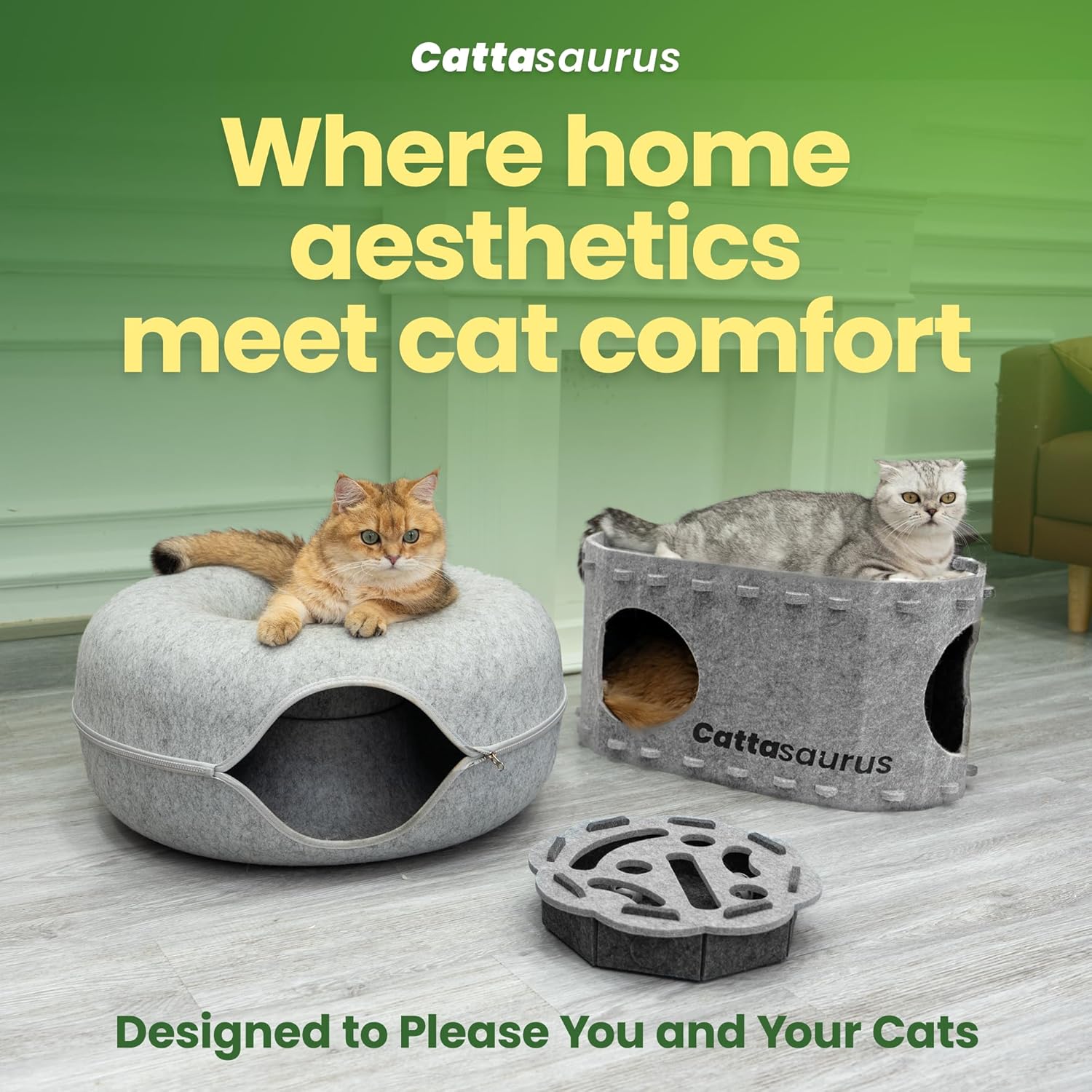 Cattasaurus 3-in-1 Cat Furniture Bundle - Peekaboo Cat Bed Cave, Claw-Resistant Bunk Bed & Interactive Play Box for Indoor Cats (Light Gray)