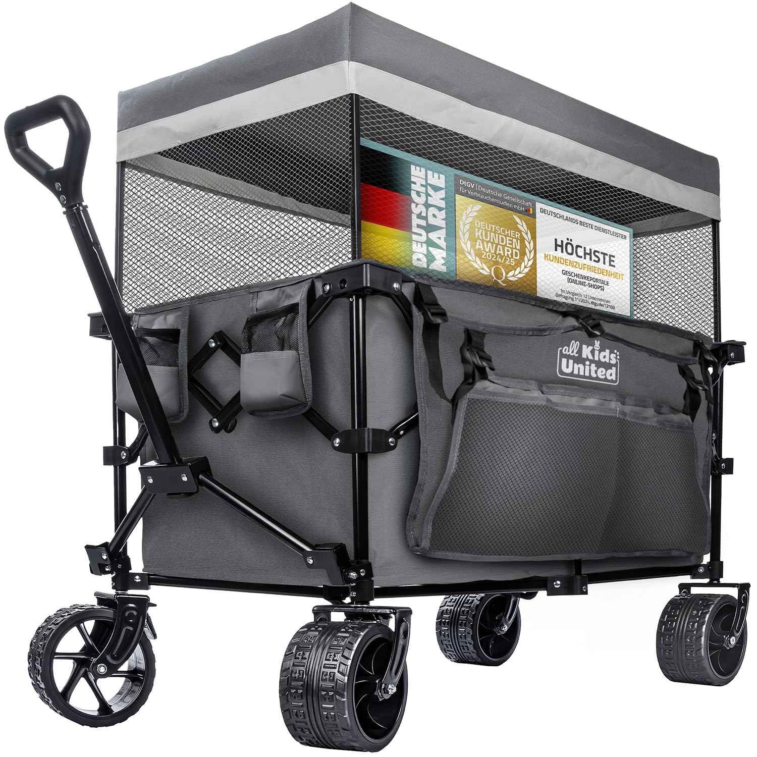 Faltbarer Bollerwagen Handwagen Transportkarre; Strand-Buggy bis 90L&150kg; XXL Geländeräder mit Bremse; Leiterwagen; Camping-Wagen für Strand, Garten & Outdoor; Verstellbarer Griff & Tasche (Grau)