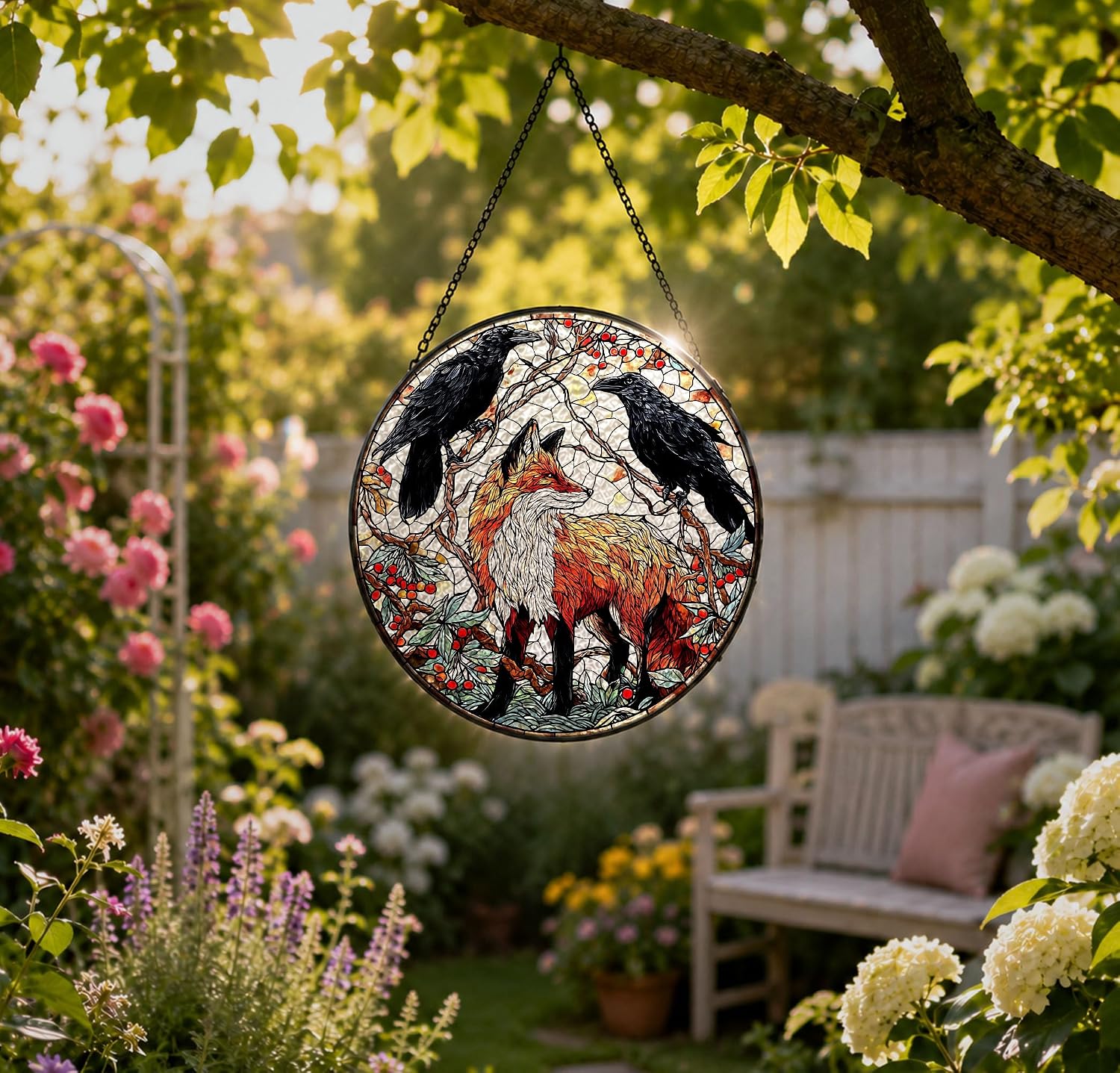 Fox and Raven Gothic Forest Round Stained Glass Suncatcher Window Hanging