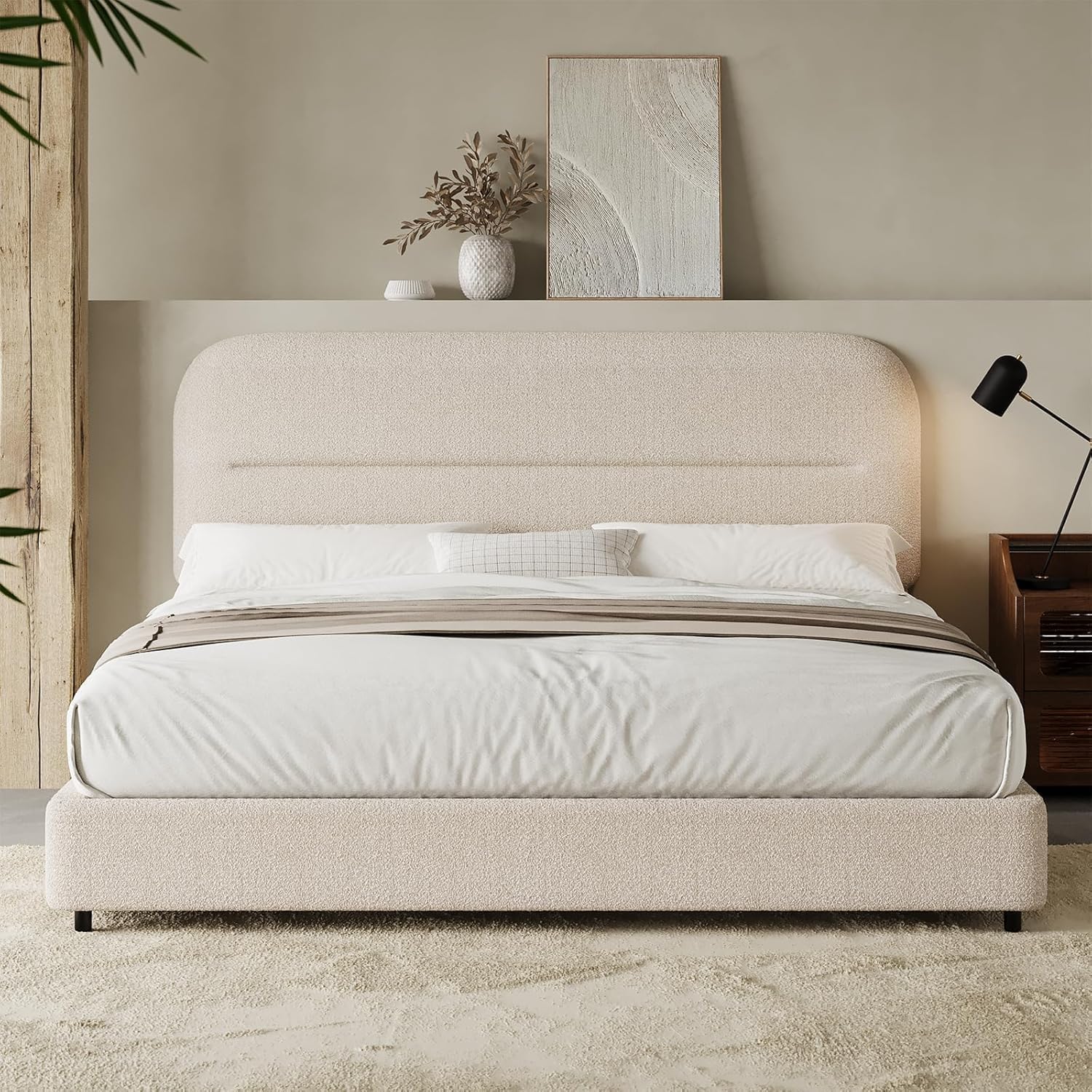 HOMBCK Full Size Boucle Bed Frame, Upholstered Cloud Bed with Headboard, Soft Bed Frames, Modern Style/Thickened Footboard/Rounded Corners Design/No