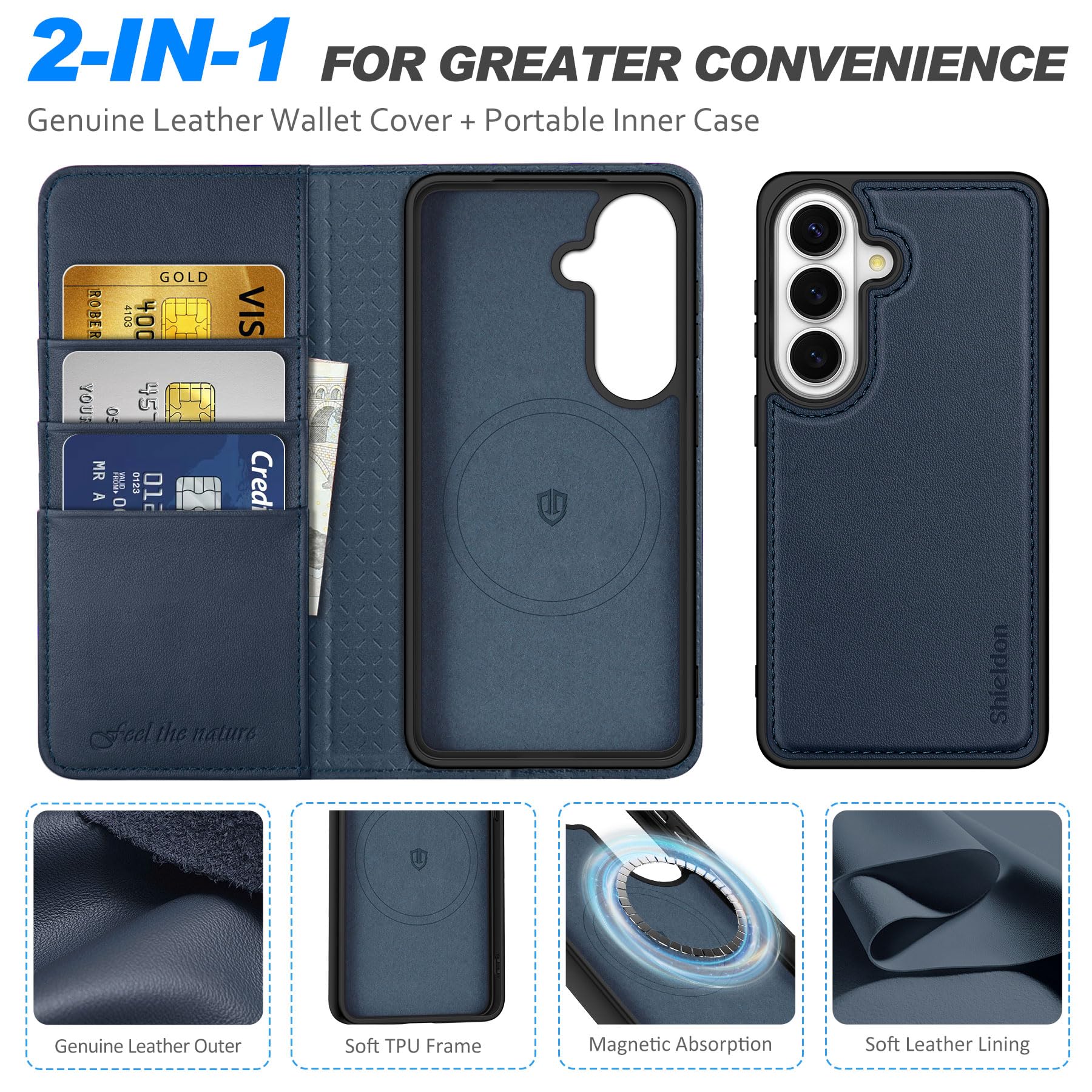 SHIELDON Abnehmbare Lederhülle für Galaxy S26 6,3" 5G 2026, Marineblau