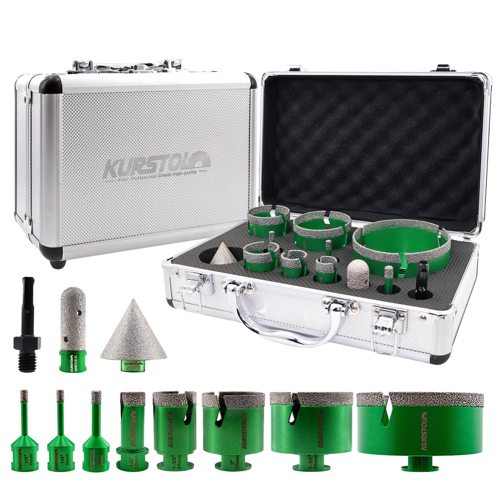 KURSTOL Tile Hole Saw Kit - 9pcs Diamond Core Drill Bits 6/6/8/20/25/35/50/65/100mm+4/5" Milling Finger Bit+2" Beveling Chamfer Bit+SDS Shank to 5/8"-