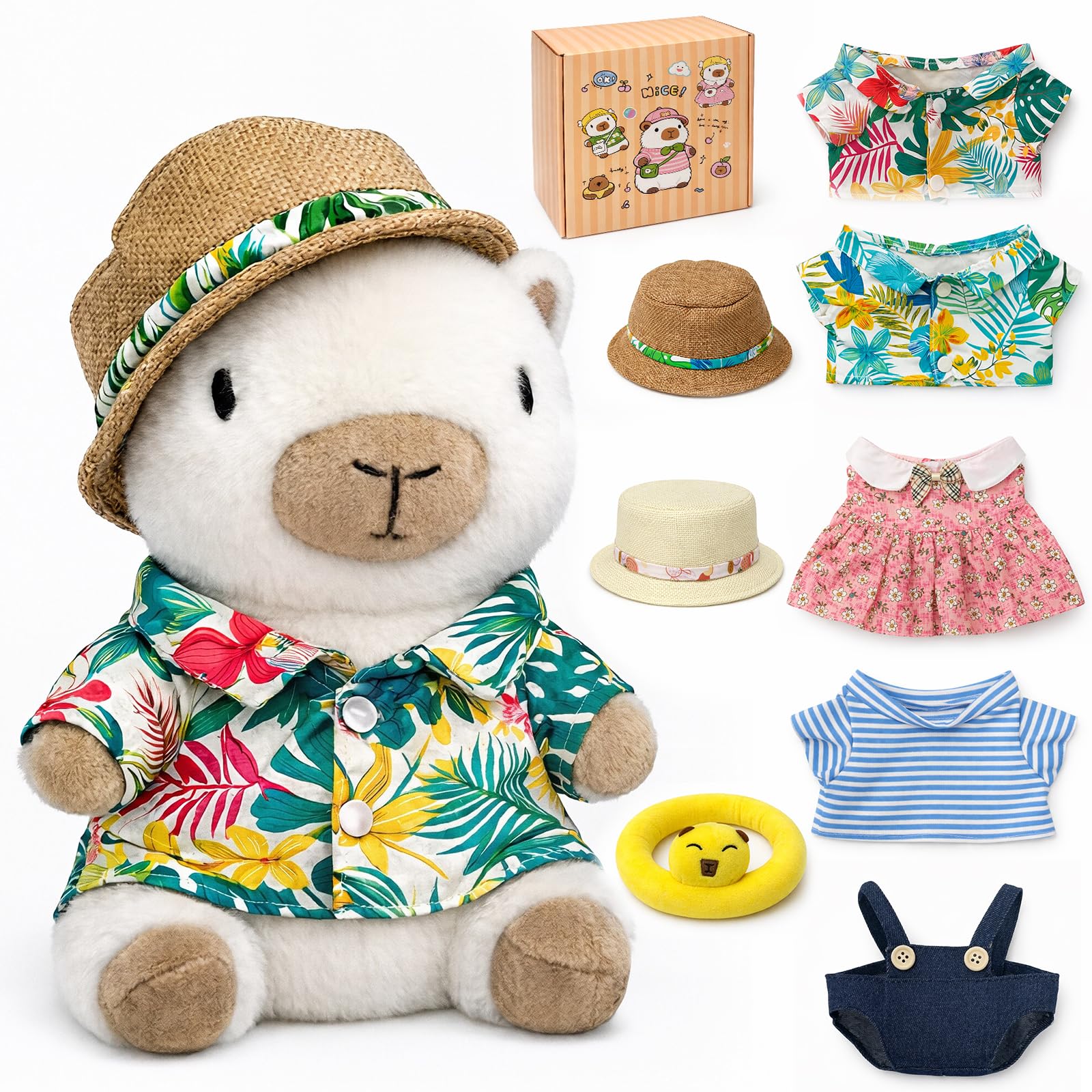 TITQWOP 9-pc Capybara Plush Set Suitable for Kids Girls Cute and Soft Capybara Plush Stuffed Animal That Can Be Casually Matched (Beach Capybara)