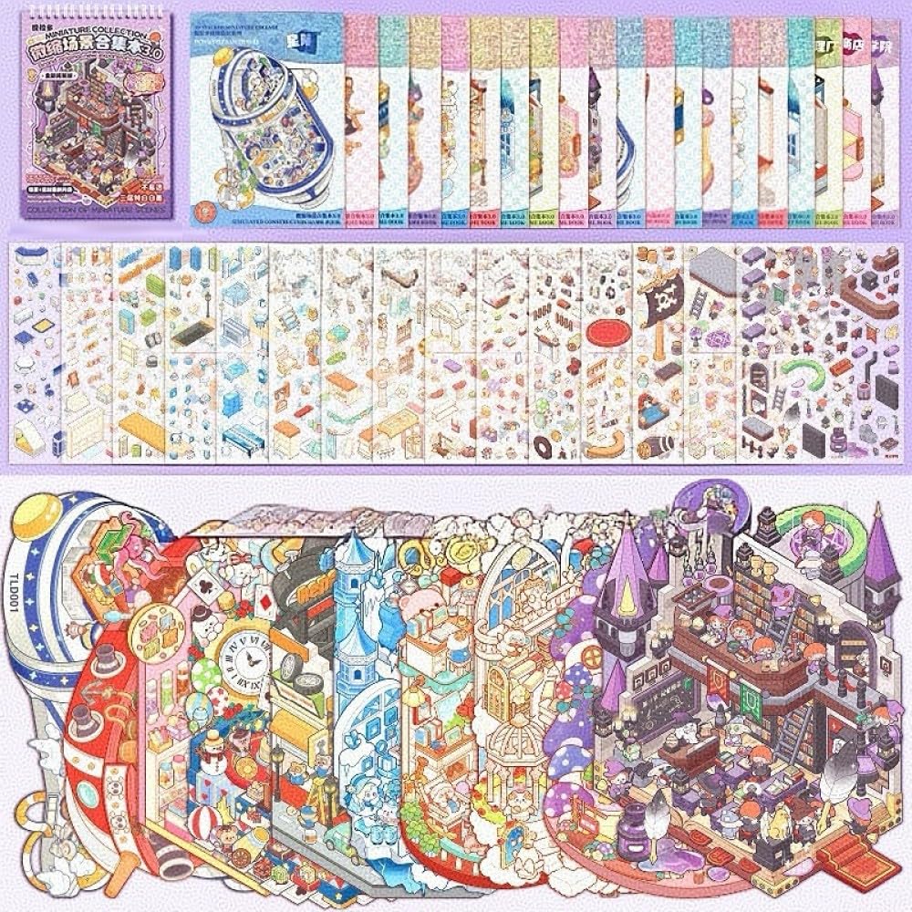 10 Sets Medium Size 3D DIY Stickers Scenes Book,Cartoon 3D DIY House Sticker Make Your Own Mini House Magic Academy Space Travel Music Box for Kids Adult Therapy Relief Stress Pass The Time