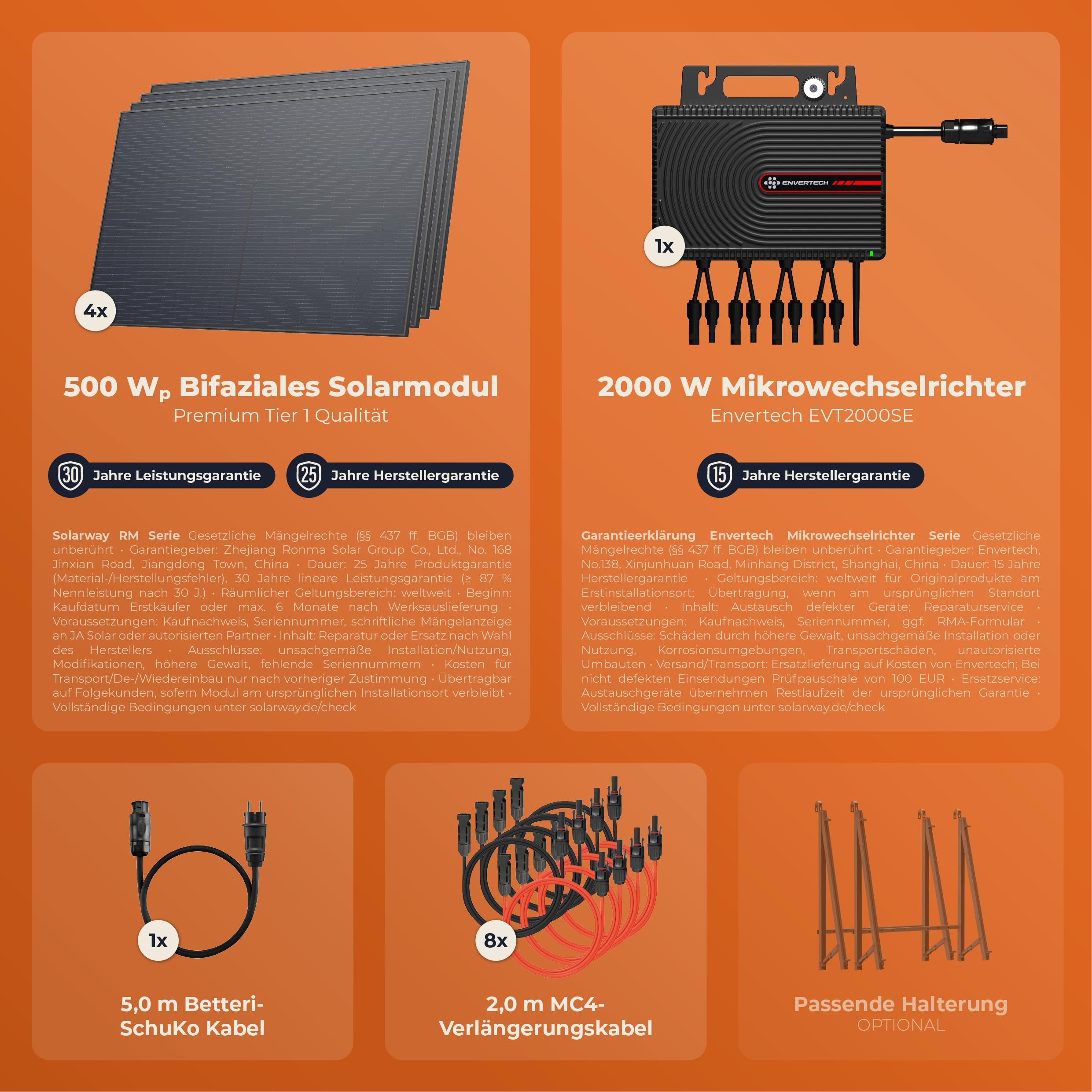 Solarway® Balkonkraftwerk 2000W komplett Steckdose - neuester 2000W Wechselrichter - Solaranlage Komplettset - 500W Solarmodule & Envertech & Zubehör