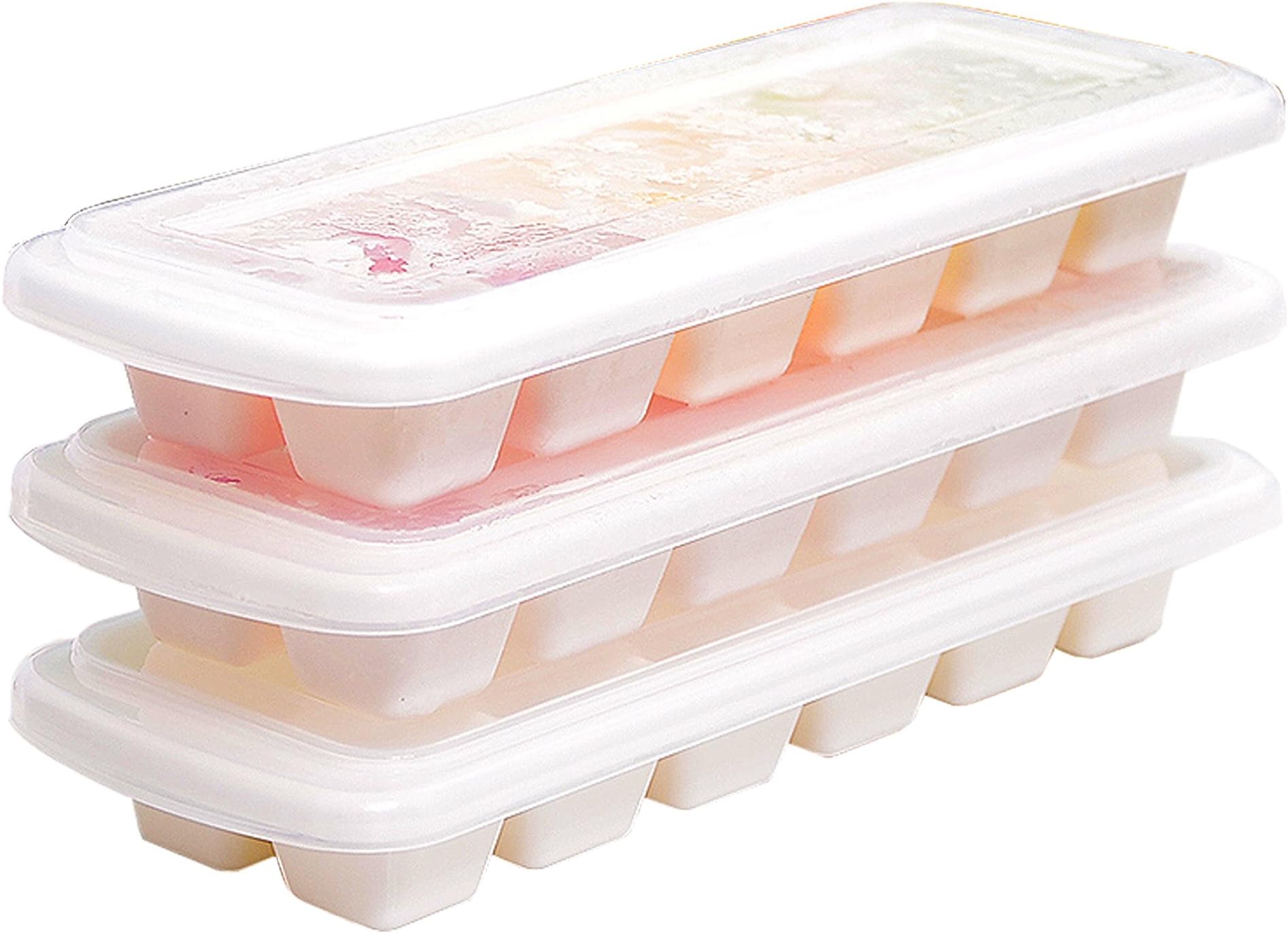 Ice Cube Tray with Removable Cover,Make 36 Large Ice Cubes,Easy Release,Odor Free Stackable White Ice Trays with Clear Lid,Set of 3