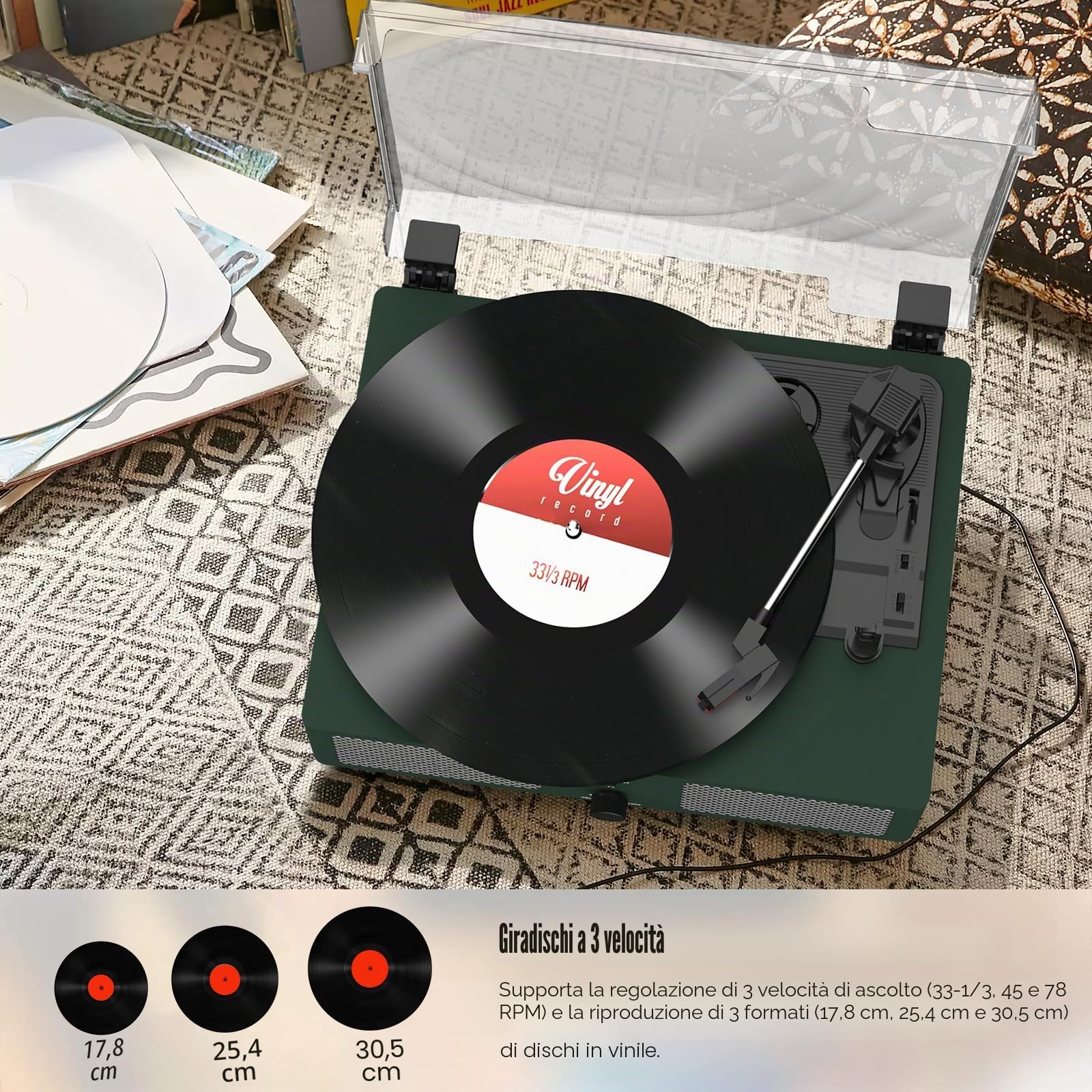 Udreamer Giradischi Bluetooth con Altoparlanti Integrati, Fonografo Vintage 3 Velocità, Verde