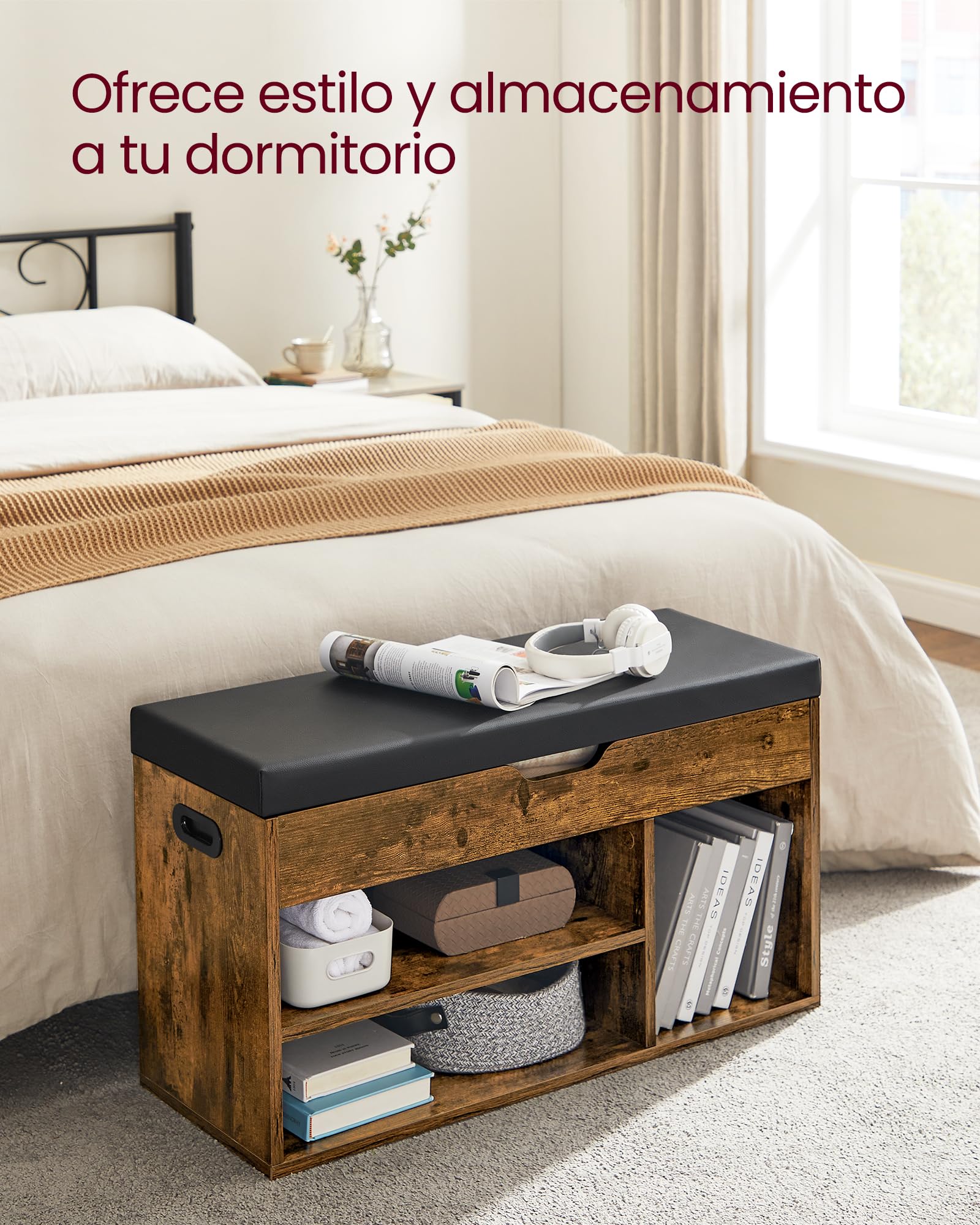 VASAGLE Banco Zapatero con Cojín, Banco de Almacenamiento, 3 Compartimentos, Almacenamiento Oculto, Estantes, Sala de Estar, Pasillo, Dormitorio, Carga 136 kg, Marrón Rústico LHS30BX