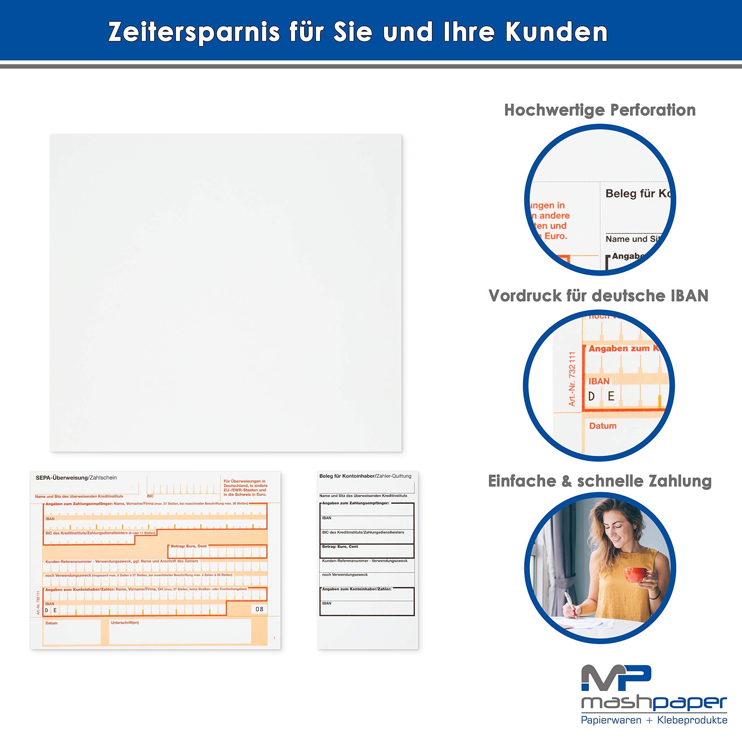Überweisungsträger SEPA Zahlschein mit Quittung rechts, mit “DE” Eindruck | 1000 Stück Perforierte Überweisungsträger DIN A4, 90g/m² OCR-Papier weiß, Überweisungsformular unten links, Quittung rechts