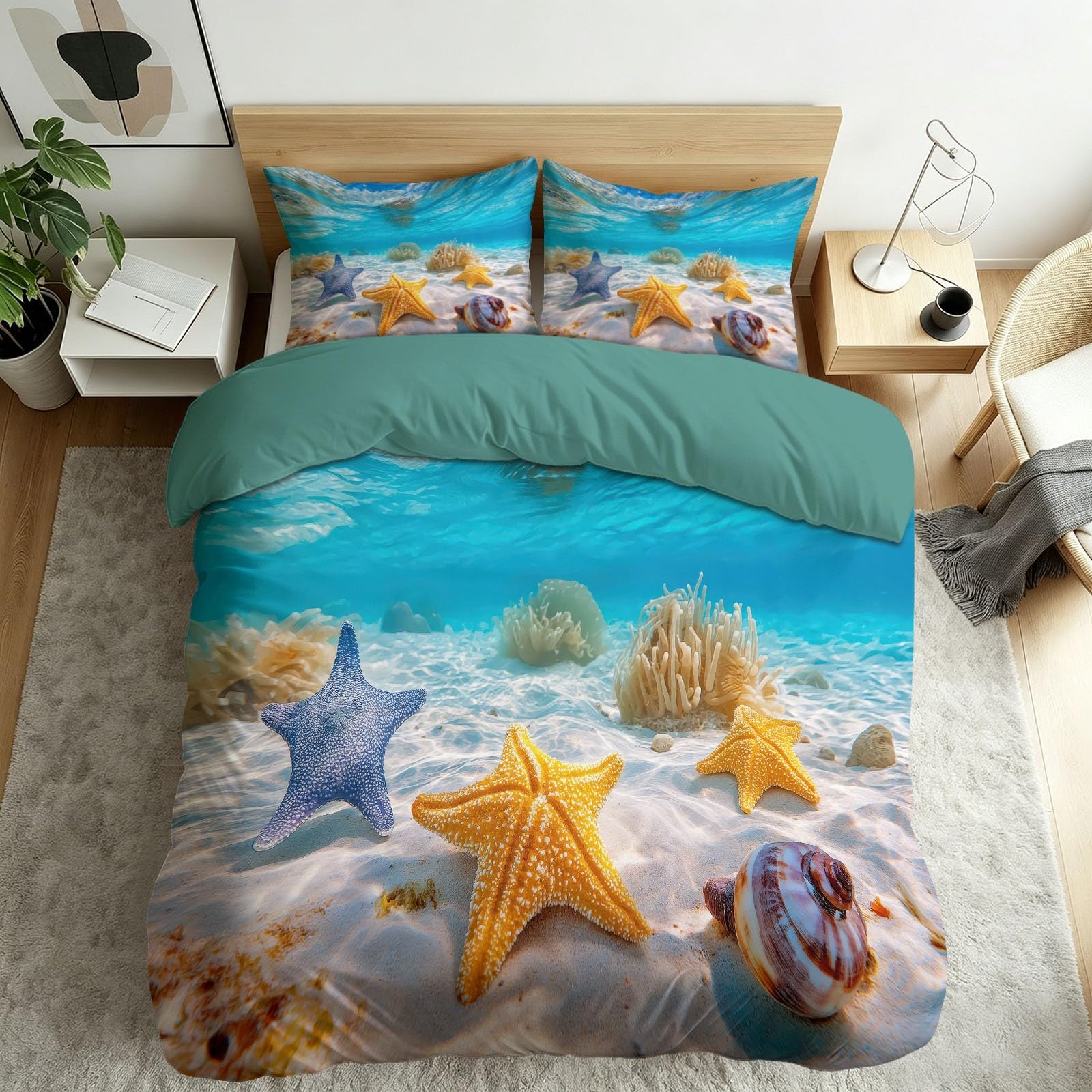 Parure de lit bleu azur motif mer 220x240 en microfibre soyeuse et finitions premium
