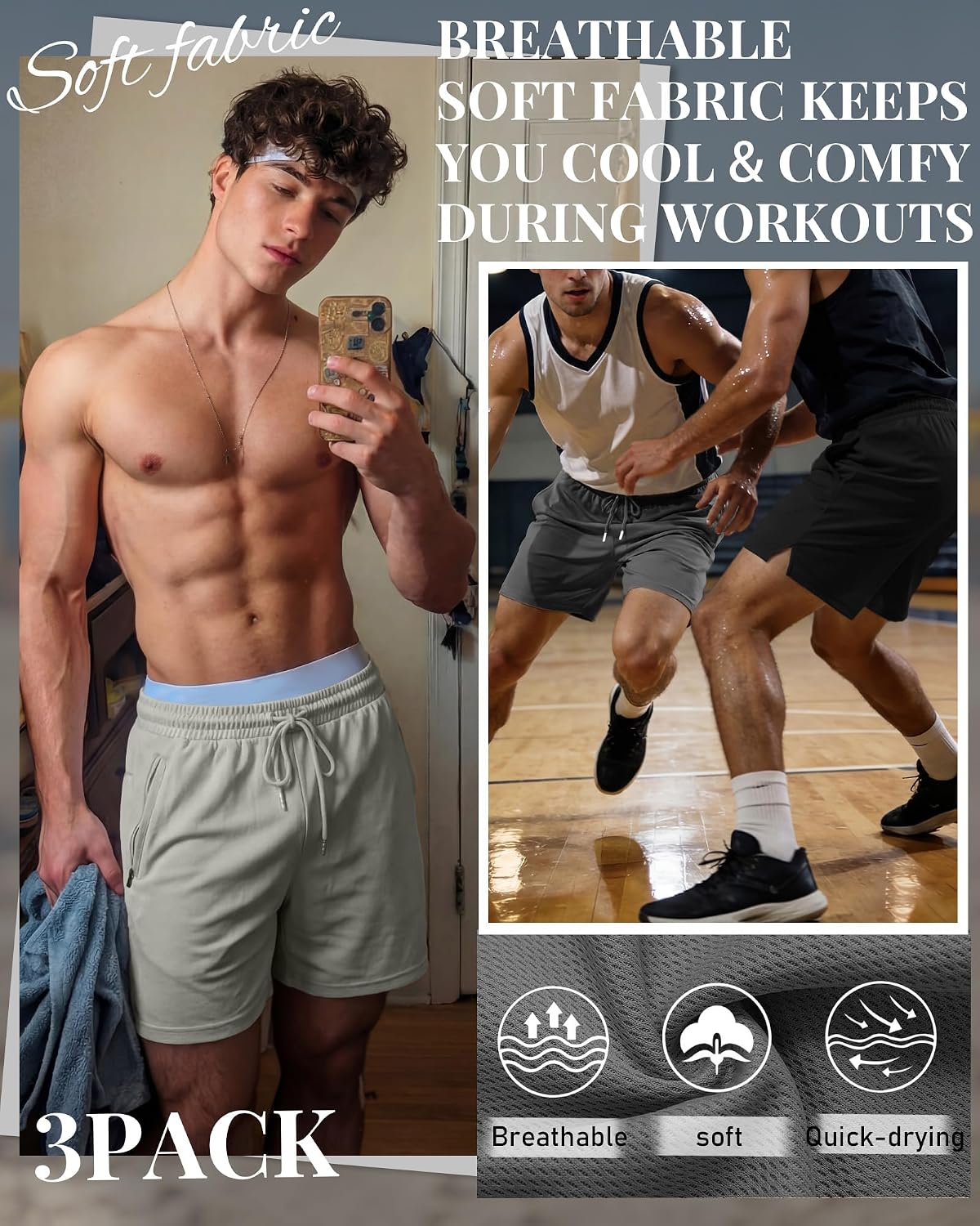 August Alley 3 Pack Men's Mesh Shorts 5 Inch Quick Dry Gym Athletic Shorts Workout Lightweight Clothes with Zipper Pockets