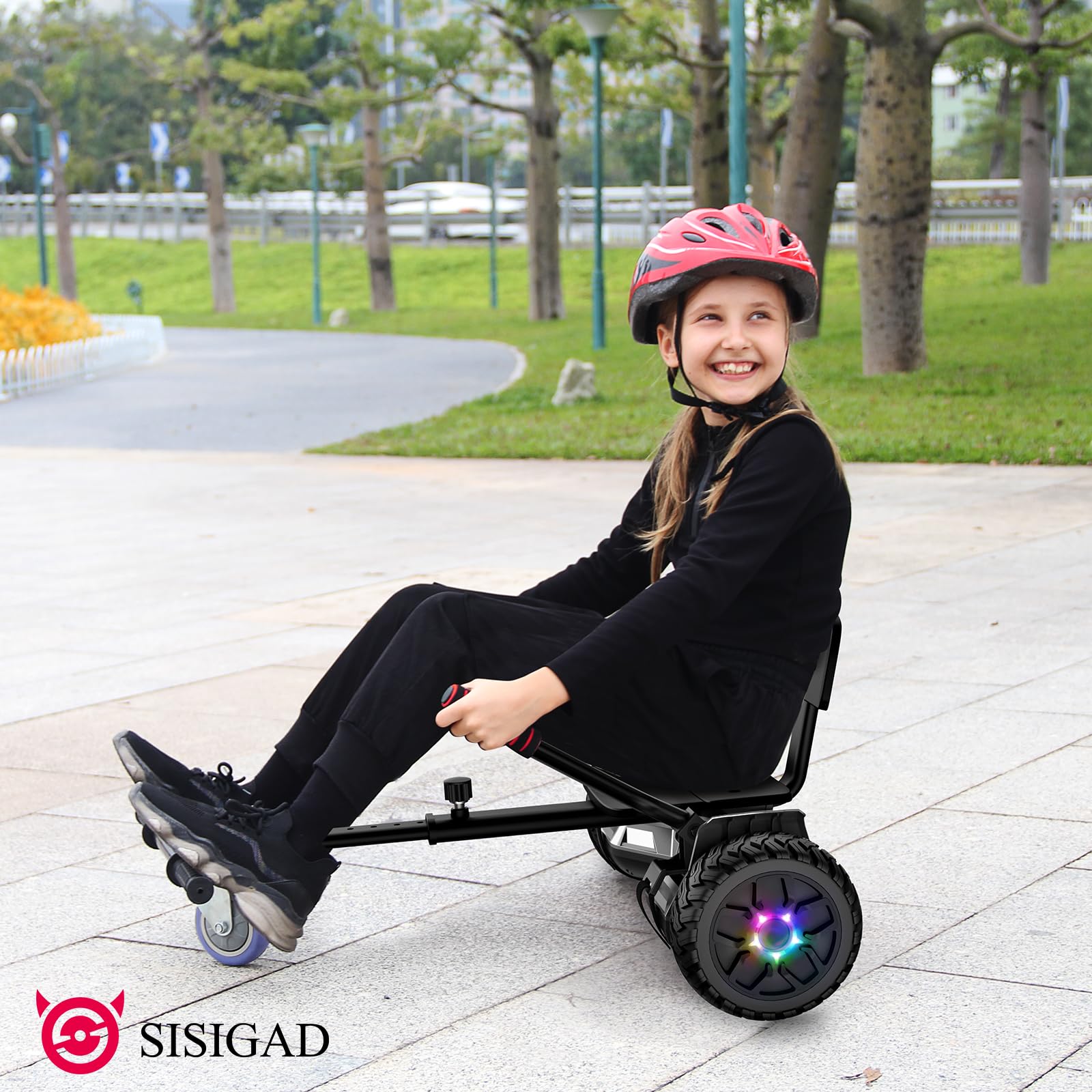 SISIGAD Hoverboard Go Kart Sitz, 8.5" Off Road Hoverboards mit LED Lichtern, All Terrain Hoverboards, Selbst Balancing Scooter mit Bluetooth Lautsprecher, Musik Hoverboard Go Kart Bundle